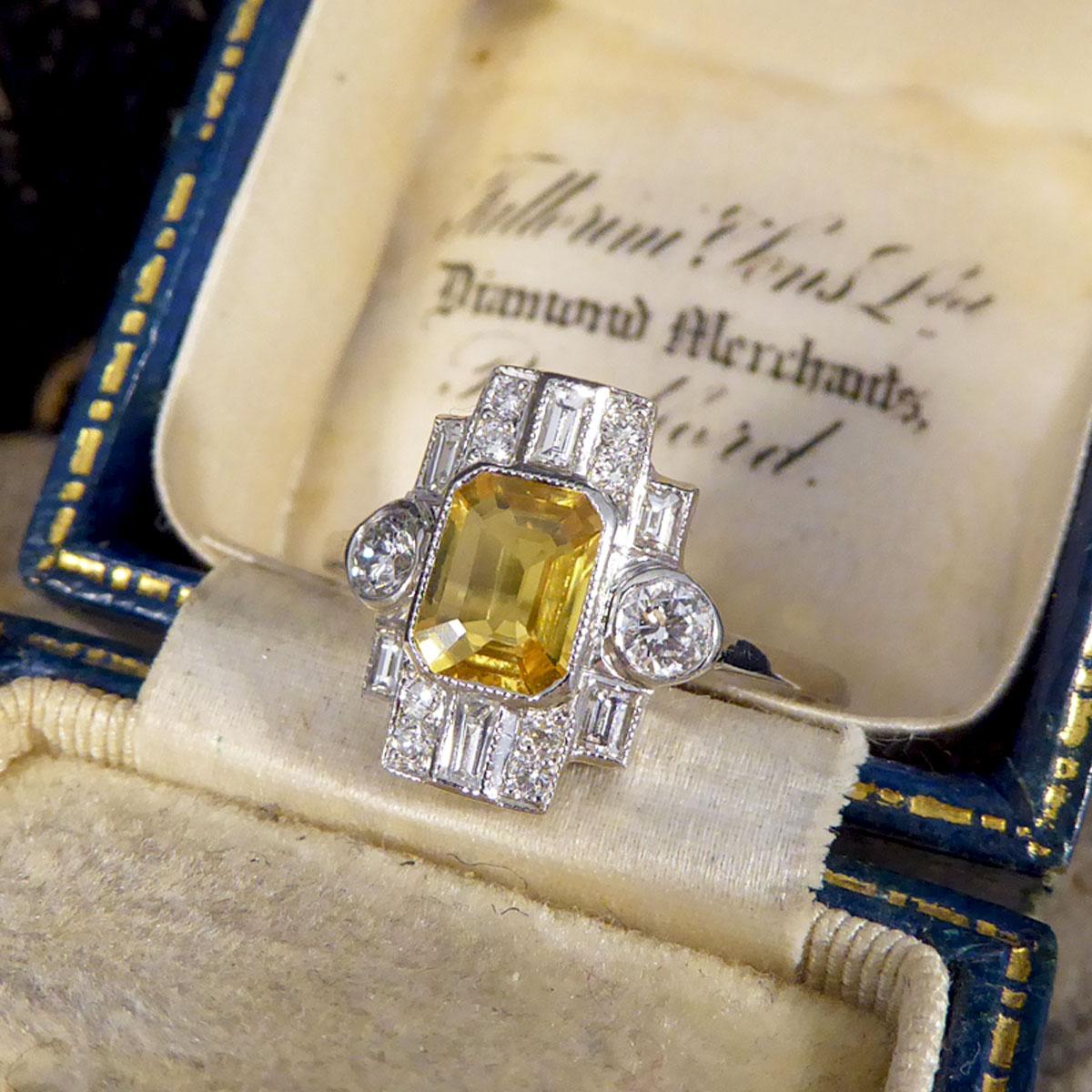 Art Deco Style 1.10ct Yellow Sapphire and Diamond Geometric Cluster Ring in Plat In Excellent Condition In Yorkshire, West Yorkshire