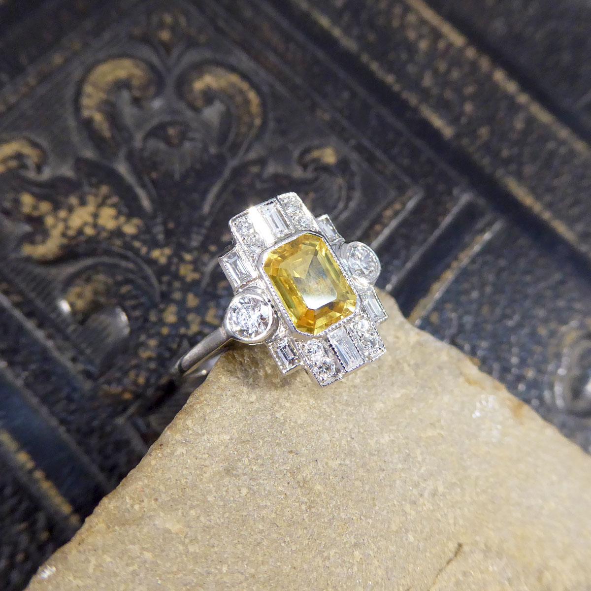 Women's or Men's Art Deco Style 1.10ct Yellow Sapphire and Diamond Geometric Cluster Ring in Plat