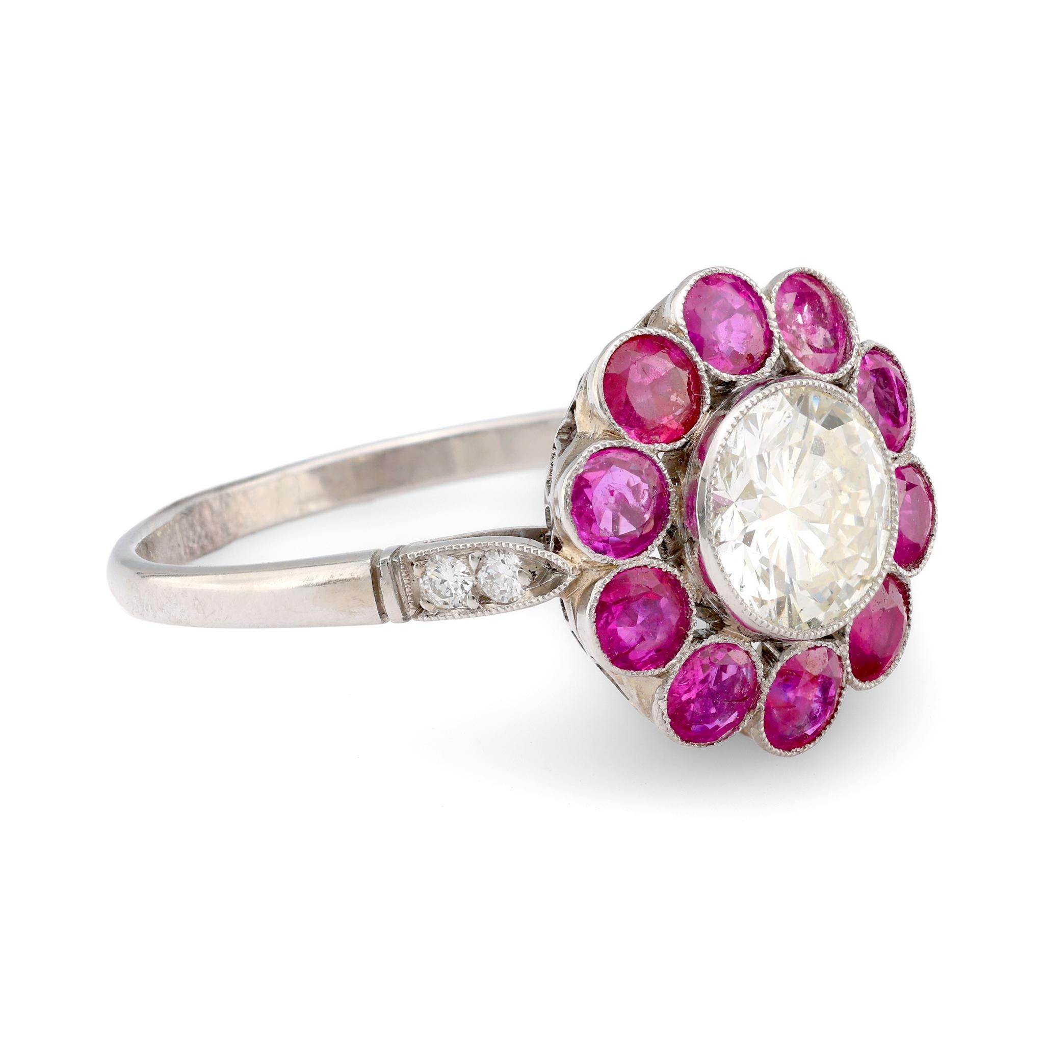 Brilliant Cut Art Deco style 1.11 carat transitional cut diamond ruby platinum cluster ring For Sale
