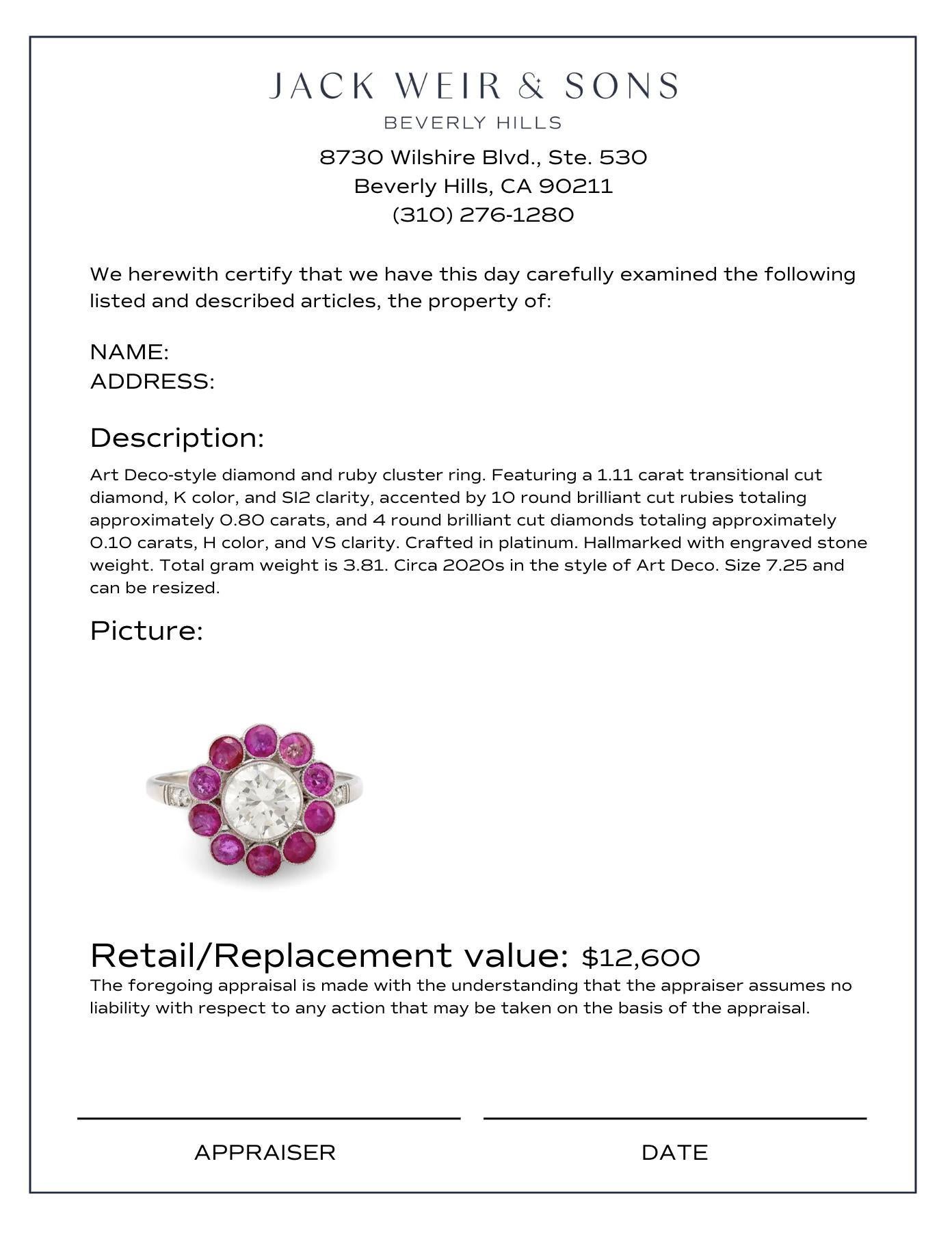 Women's or Men's Art Deco style 1.11 carat transitional cut diamond ruby platinum cluster ring For Sale