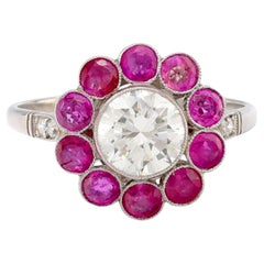 Anello a grappolo in platino con rubino e diamante taglio transitorio da 1,11 carati in stile Art Deco