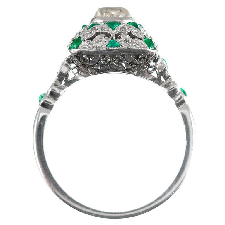 Art Deco Style 1.12 Carat Old Mine Cut Diamond and Emerald Ring at 1stDibs