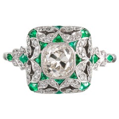Art Deco Style 1.12 Carat Old Mine Cut Diamond and Emerald Ring Art Deco Style 1.12 Carat Old Mine Cut Diamond and Emerald Ring