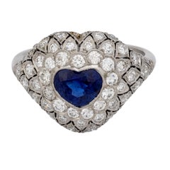 Art Deco style 1.14 carat heart sapphire diamond platinum bombe ring