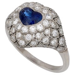 Art Deco style 1.14 carat heart sapphire diamond platinum bombe ring