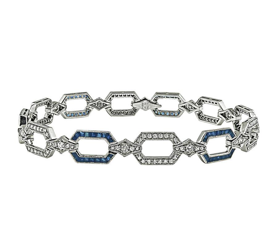 Taille ronde Bracelet de style Art déco avec diamants 1,14 carat et saphirs 2,02 carats en vente