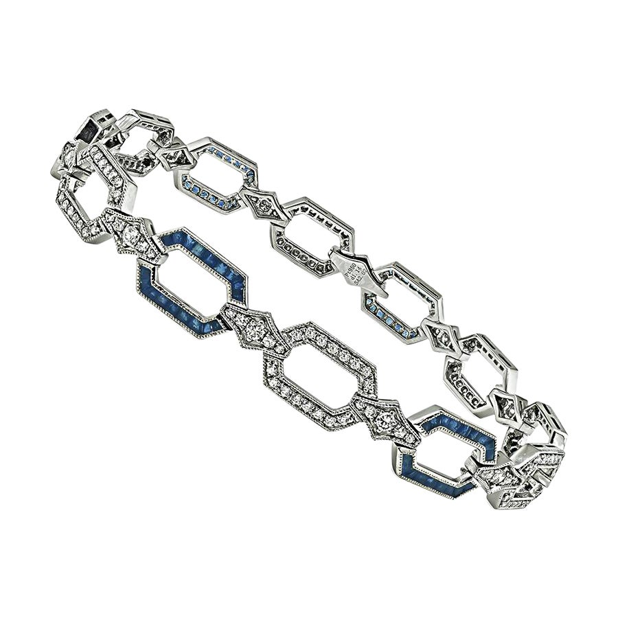 Bracciale in stile Art Deco con 1,14 carati di diamanti e 2,02 carati di zaffiri in vendita