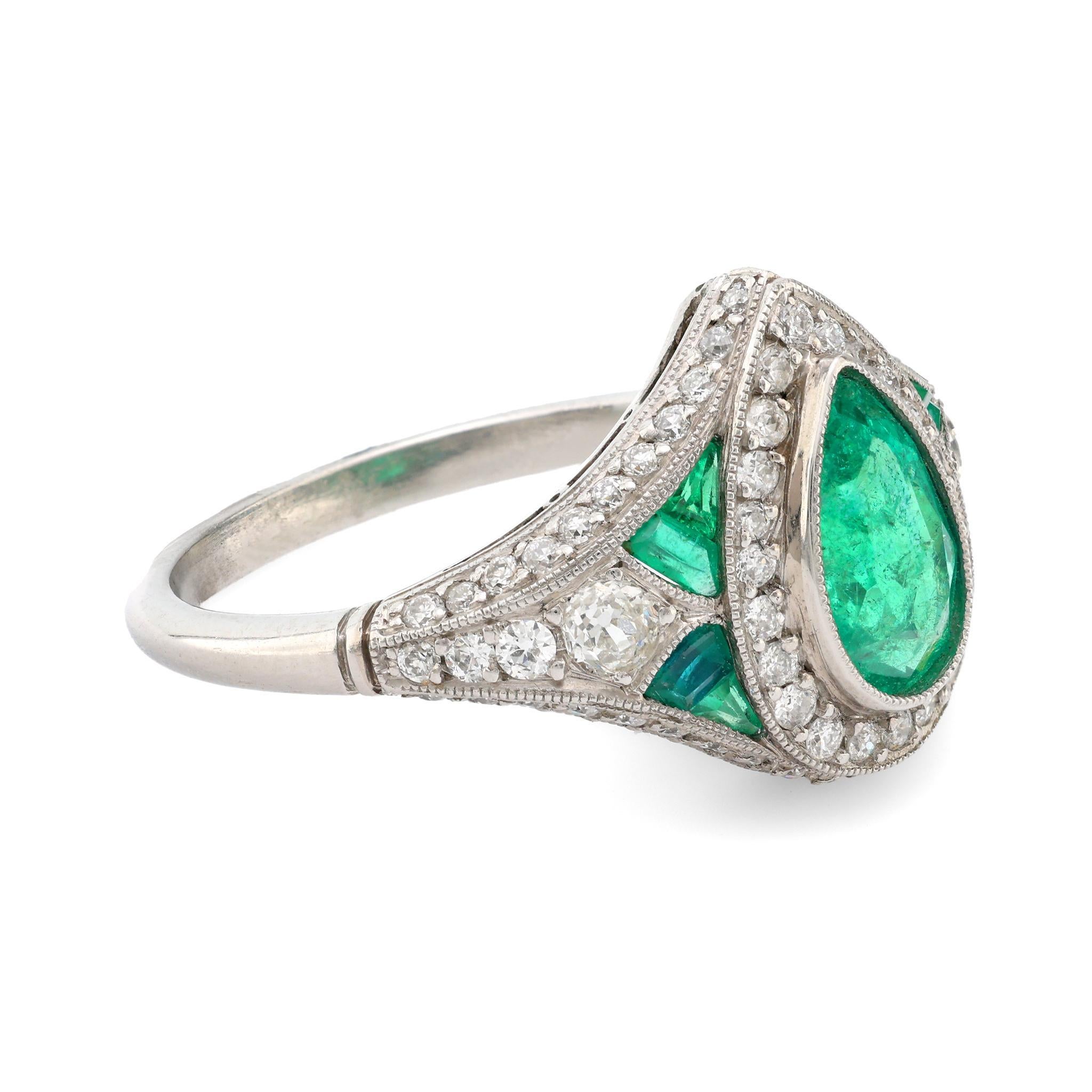 Pear Cut Art Deco style 1.15 carat emerald diamond platinum cocktail ring For Sale