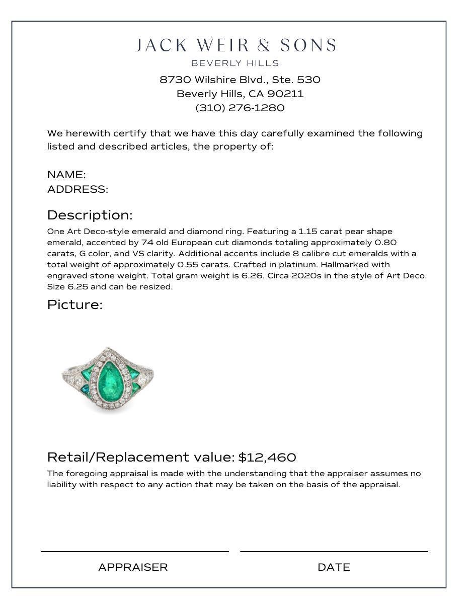 Women's or Men's Art Deco style 1.15 carat emerald diamond platinum cocktail ring For Sale