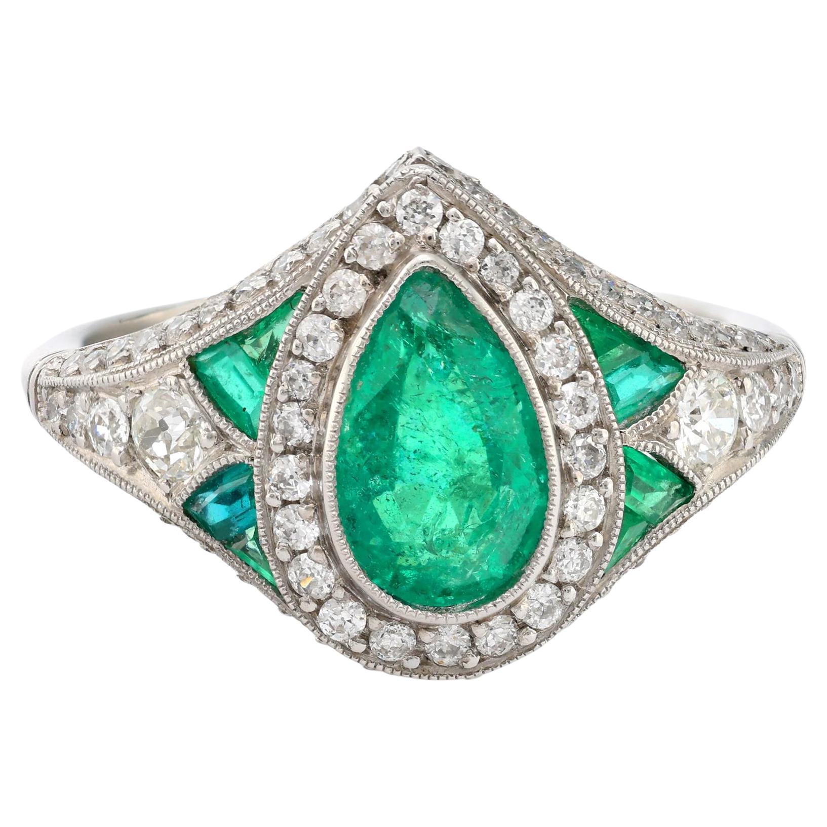 Art Deco style 1.15 carat emerald diamond platinum cocktail ring