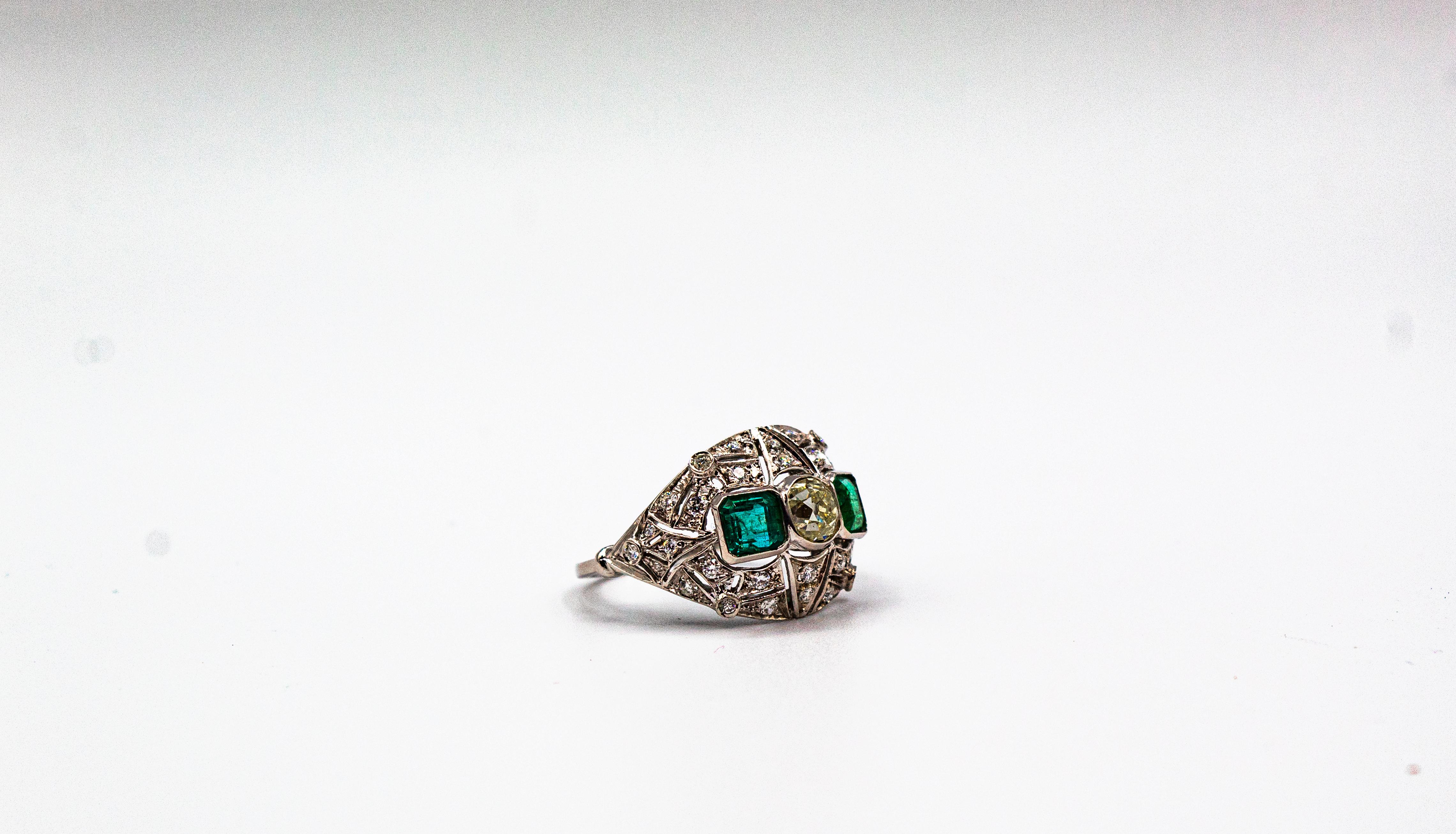 Art Deco Style 1.15 Carat White Diamond 1.27 Carat Emerald White Gold Ring 6