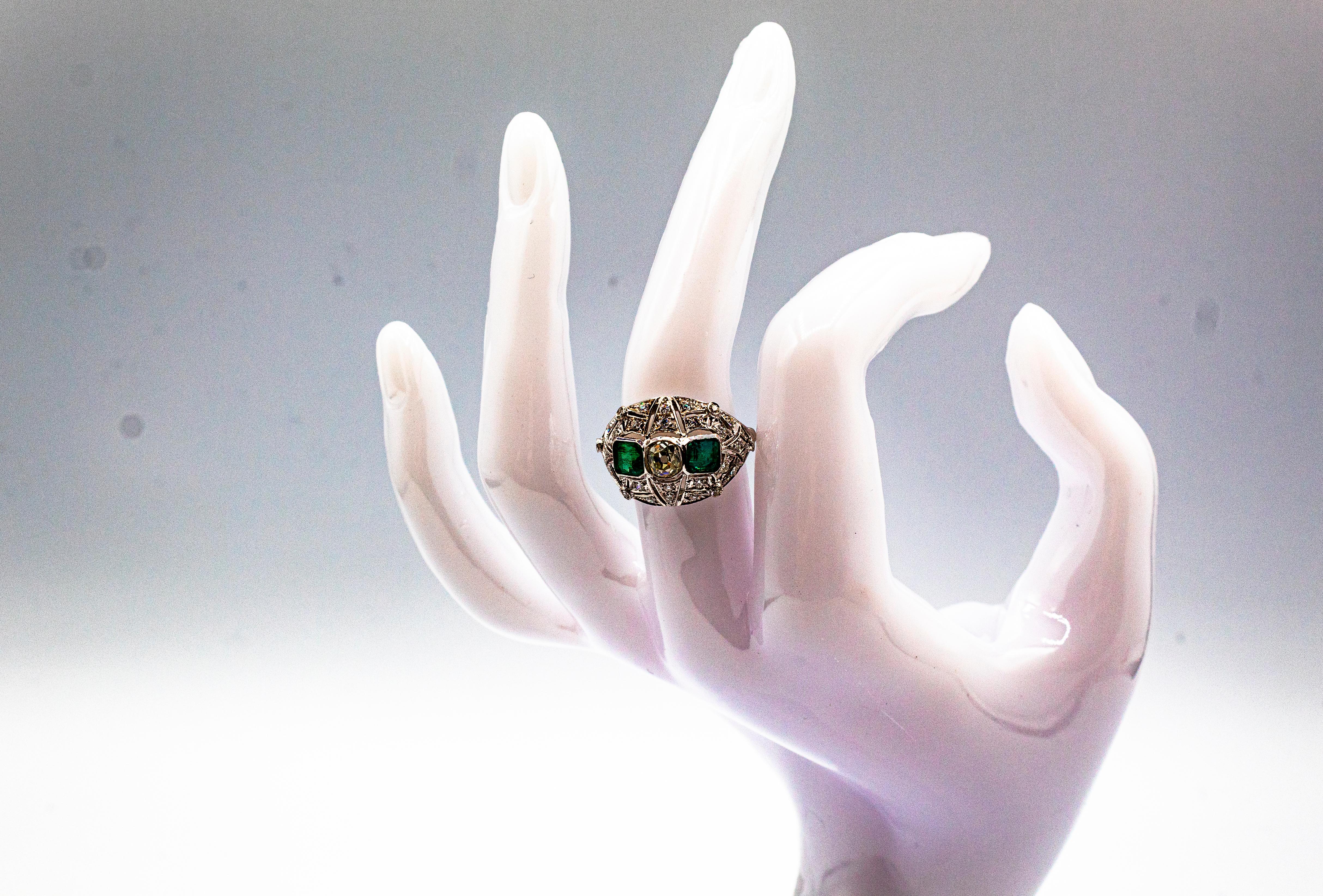 Art Deco Style 1.15 Carat White Diamond 1.27 Carat Emerald White Gold Ring 7