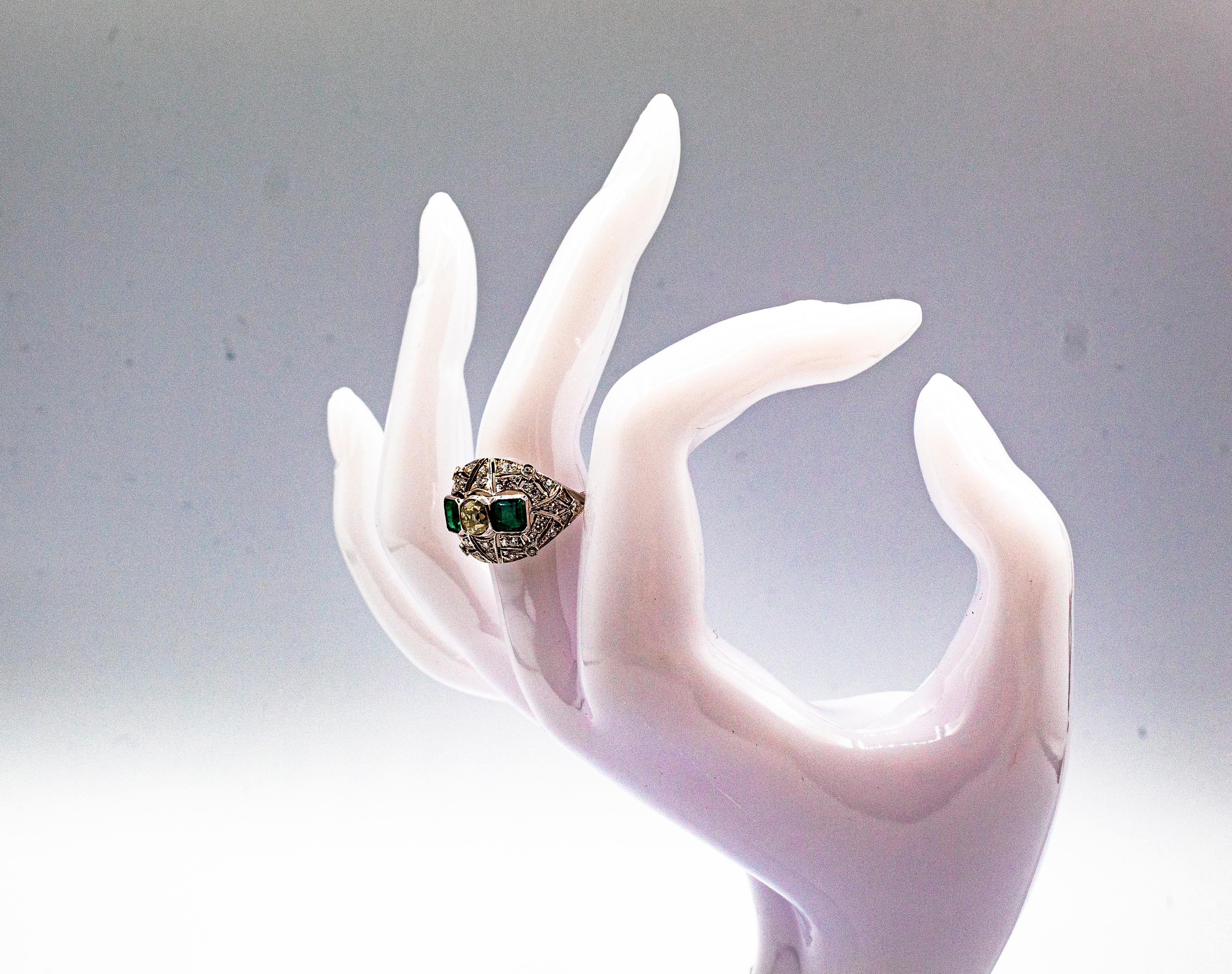 Art Deco Style 1.15 Carat White Diamond 1.27 Carat Emerald White Gold Ring 8