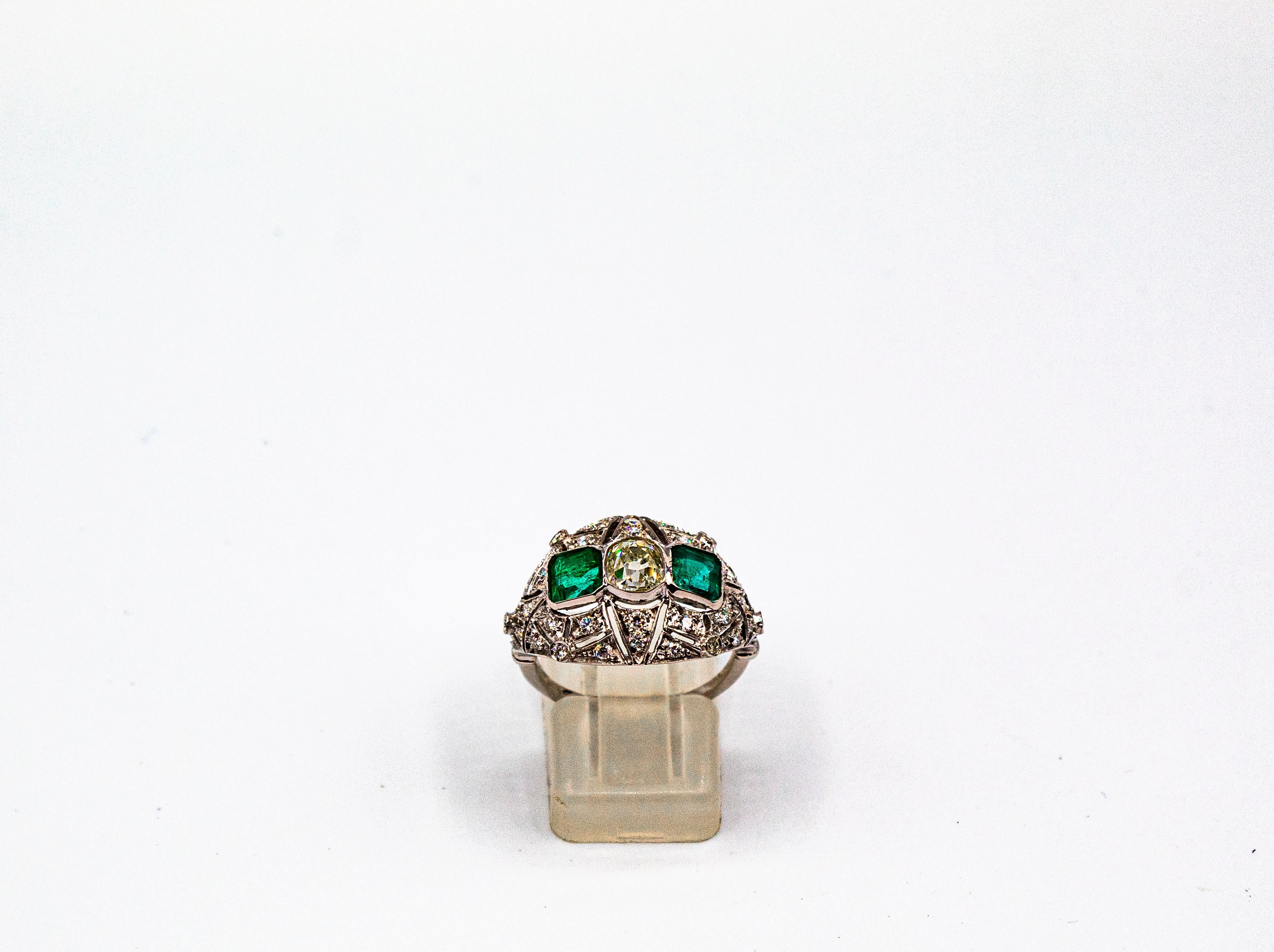 Brilliant Cut Art Deco Style 1.15 Carat White Diamond 1.27 Carat Emerald White Gold Ring