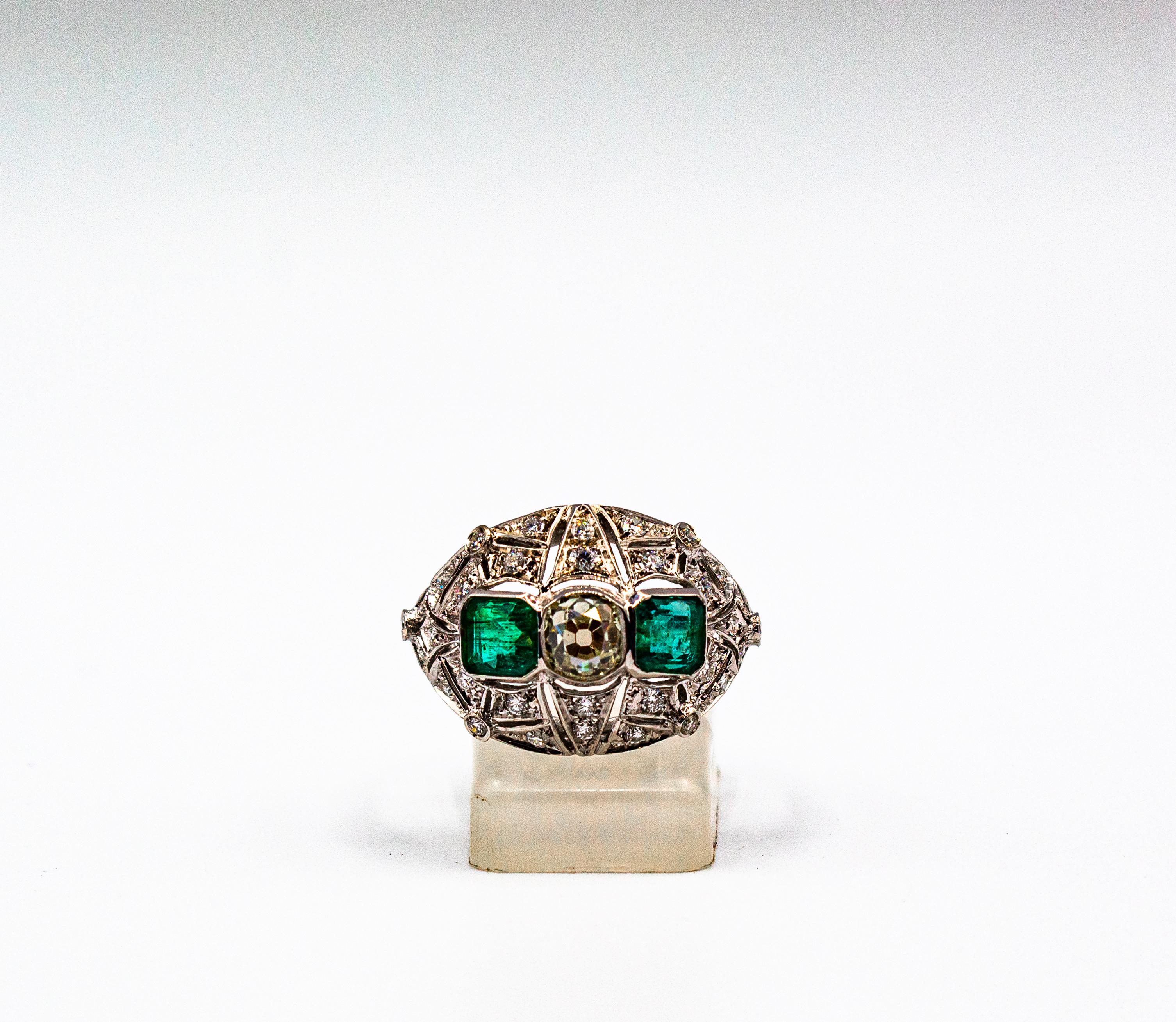 Art Deco Style 1.15 Carat White Diamond 1.27 Carat Emerald White Gold Ring 3