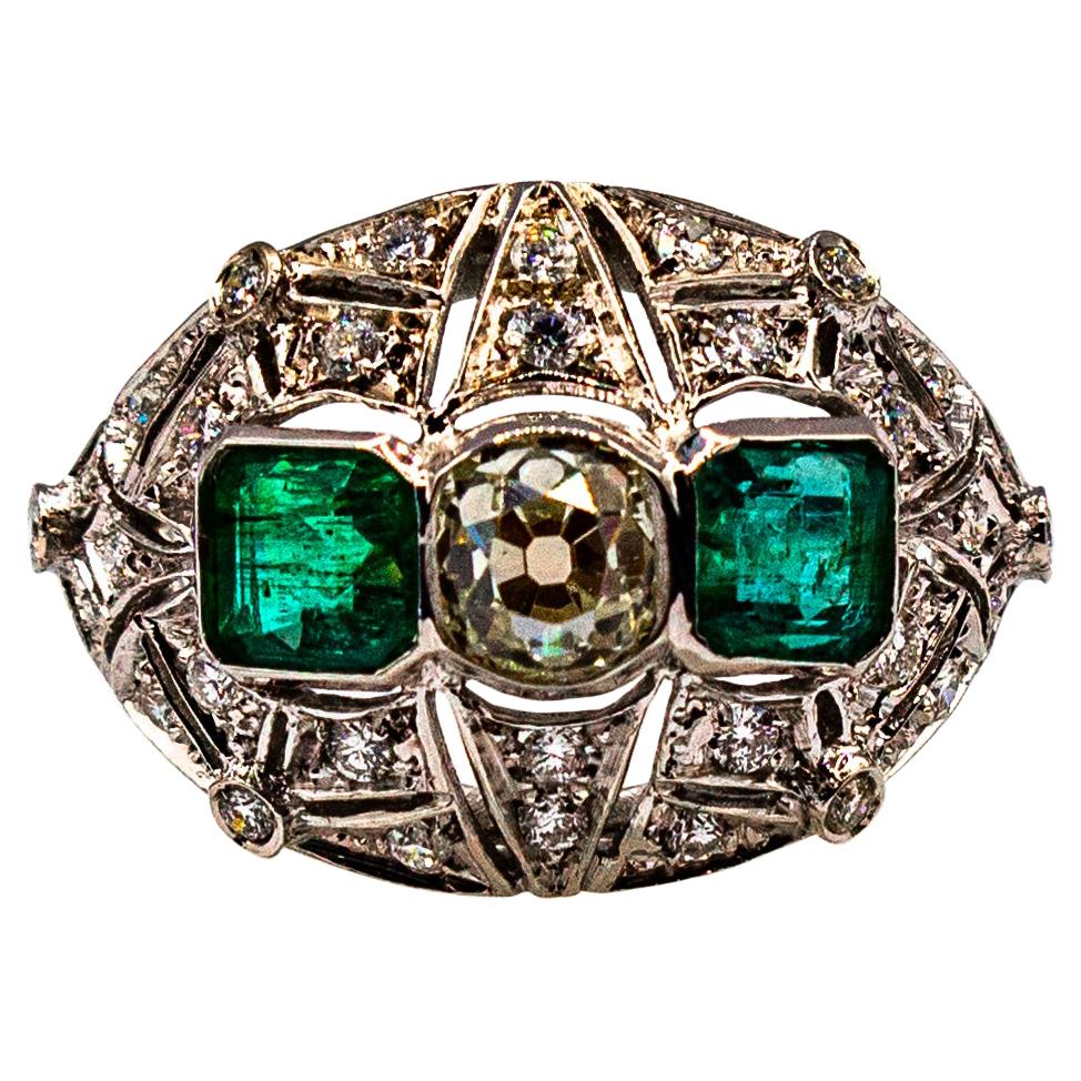 Art Deco Style 1.15 Carat White Diamond 1.27 Carat Emerald White Gold Ring
