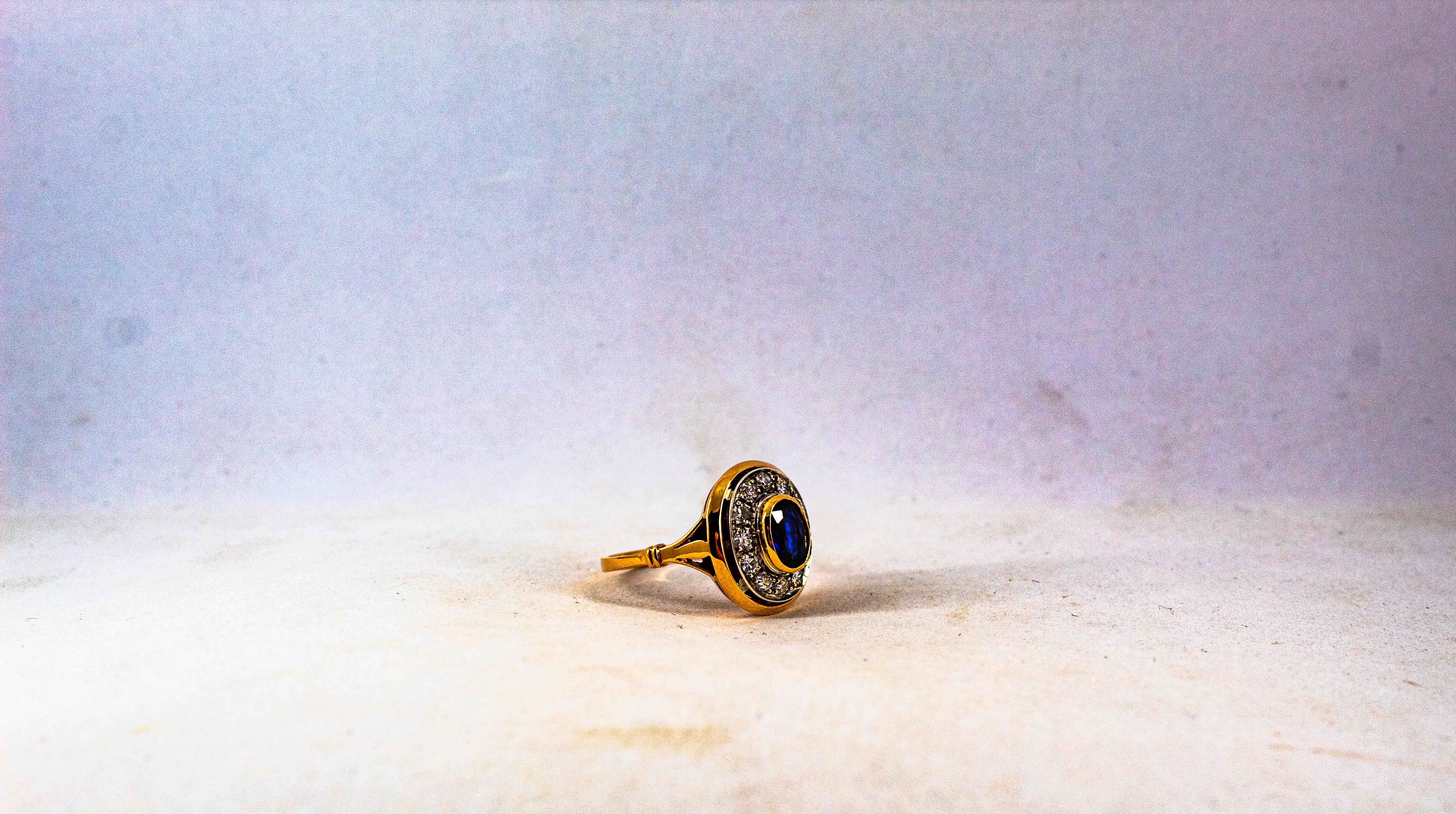 Art Deco Style 1.15 Carat White Diamond Blue Sapphire Yellow Gold Cocktail Ring For Sale 5