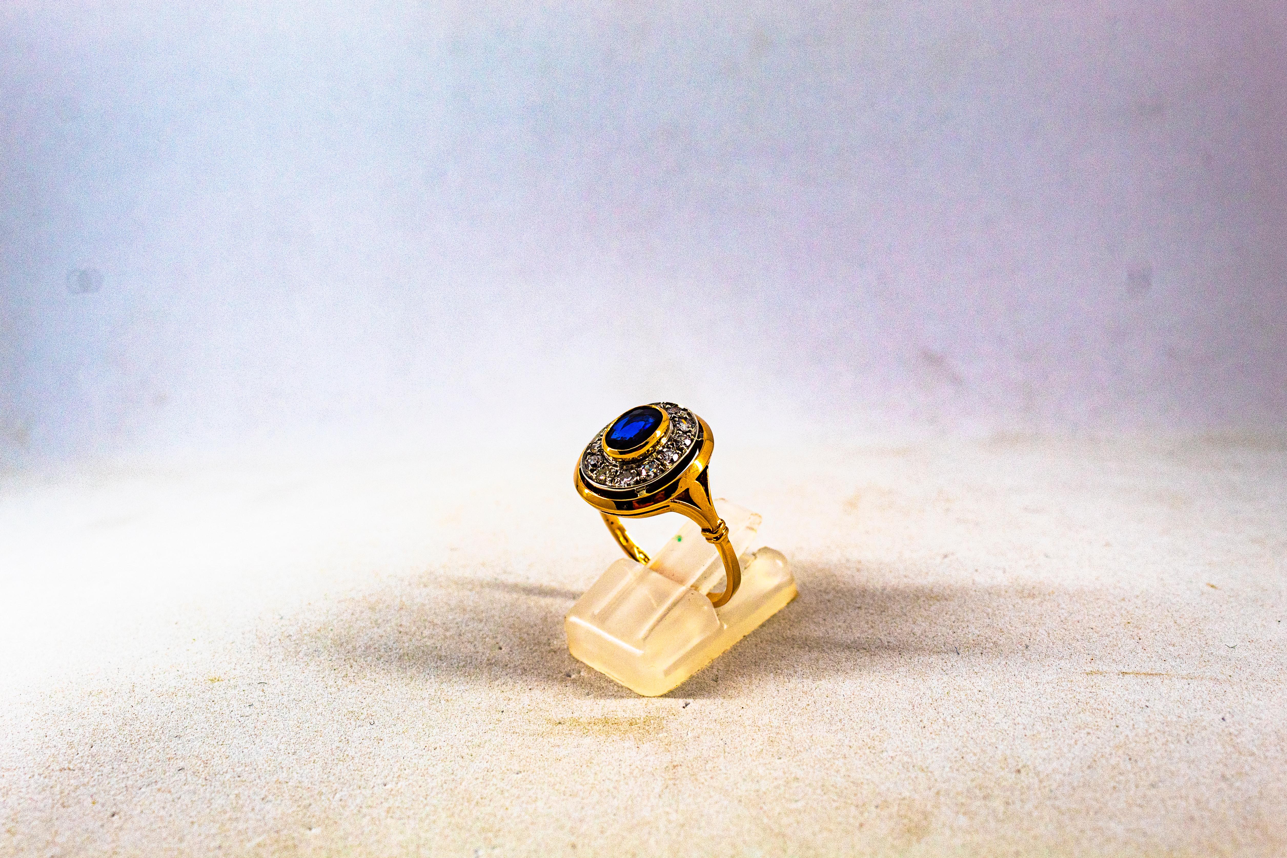 Brilliant Cut Art Deco Style 1.15 Carat White Diamond Blue Sapphire Yellow Gold Cocktail Ring For Sale