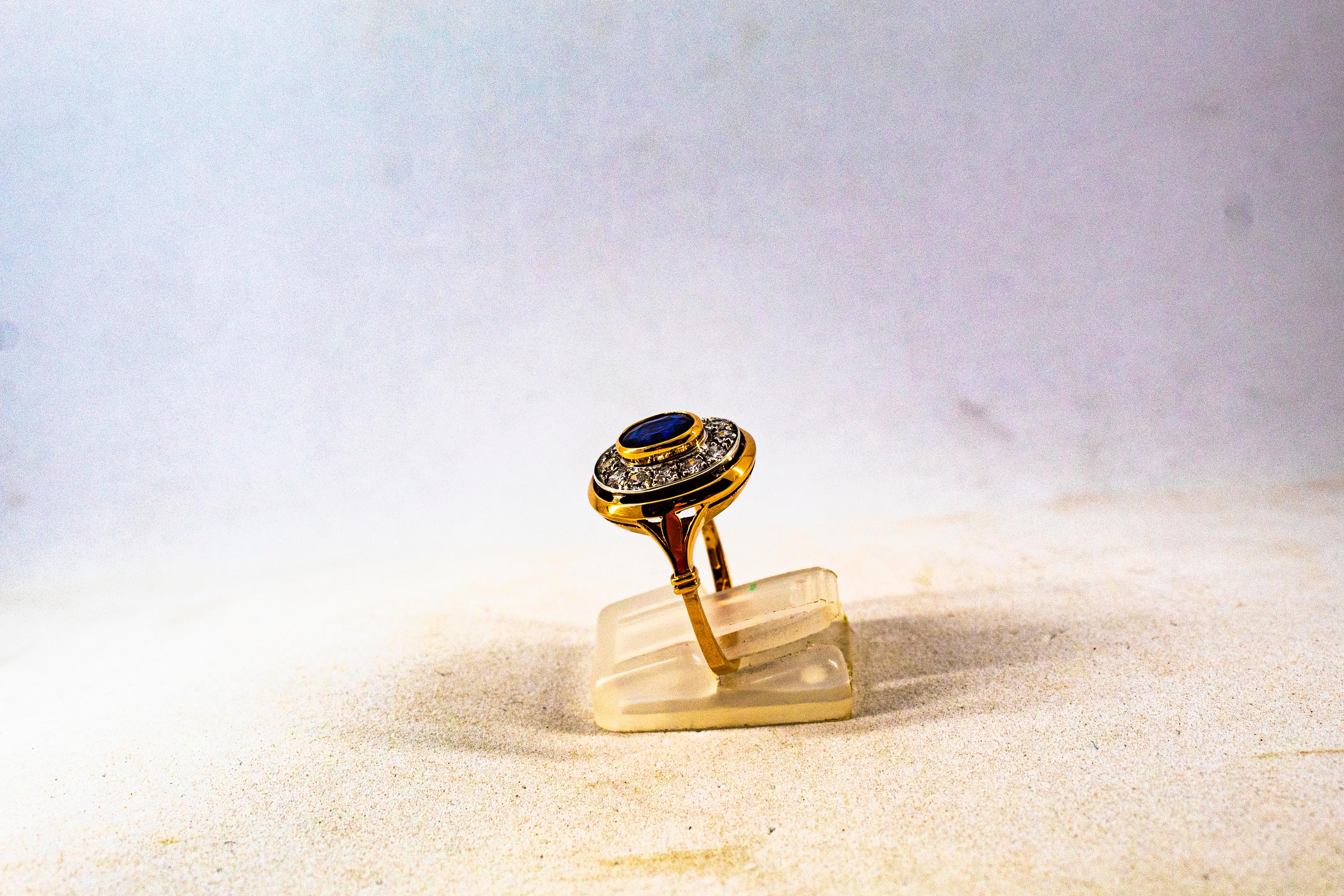 Art Deco Style 1.15 Carat White Diamond Blue Sapphire Yellow Gold Cocktail Ring In New Condition In Naples, IT