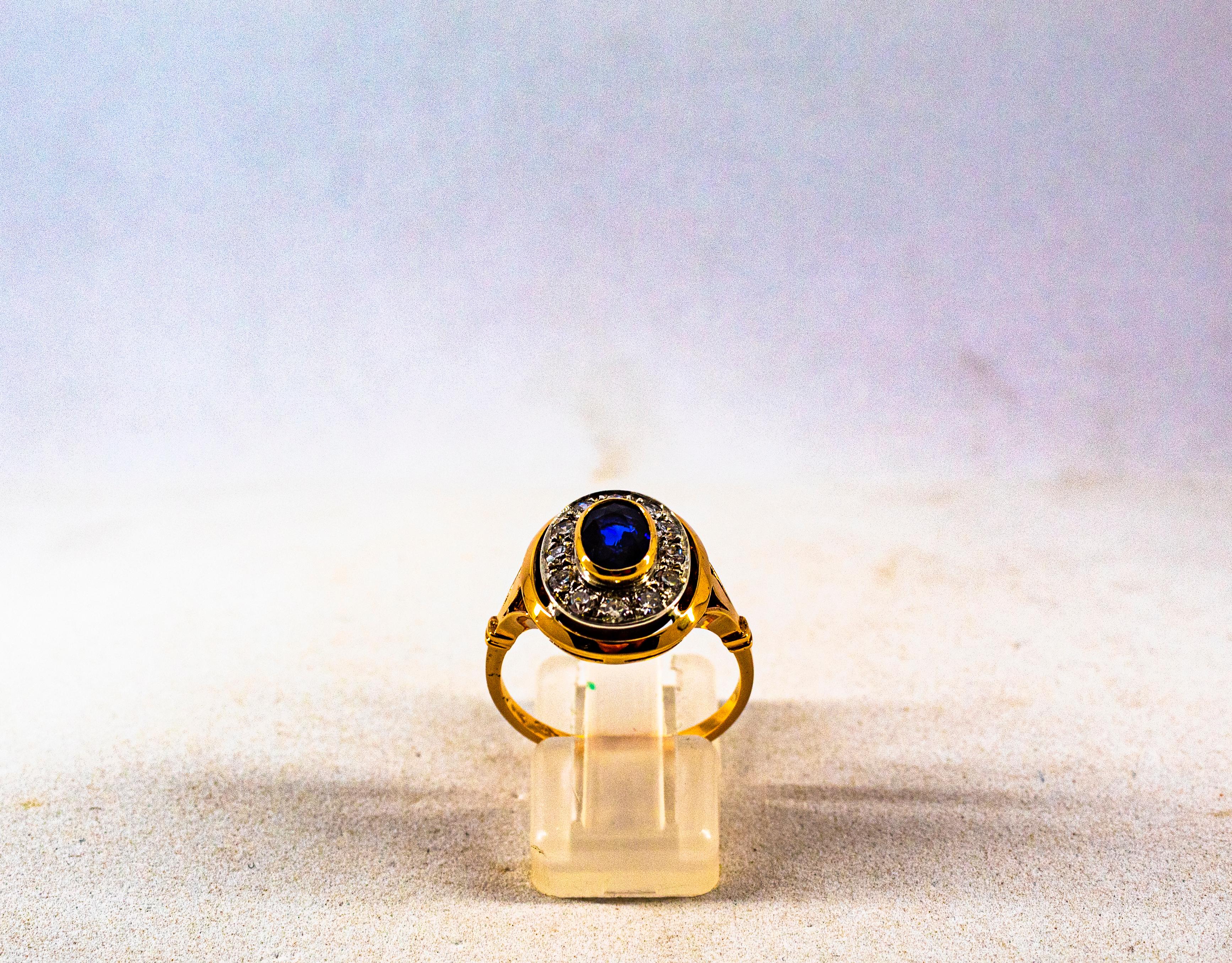 Women's or Men's Art Deco Style 1.15 Carat White Diamond Blue Sapphire Yellow Gold Cocktail Ring
