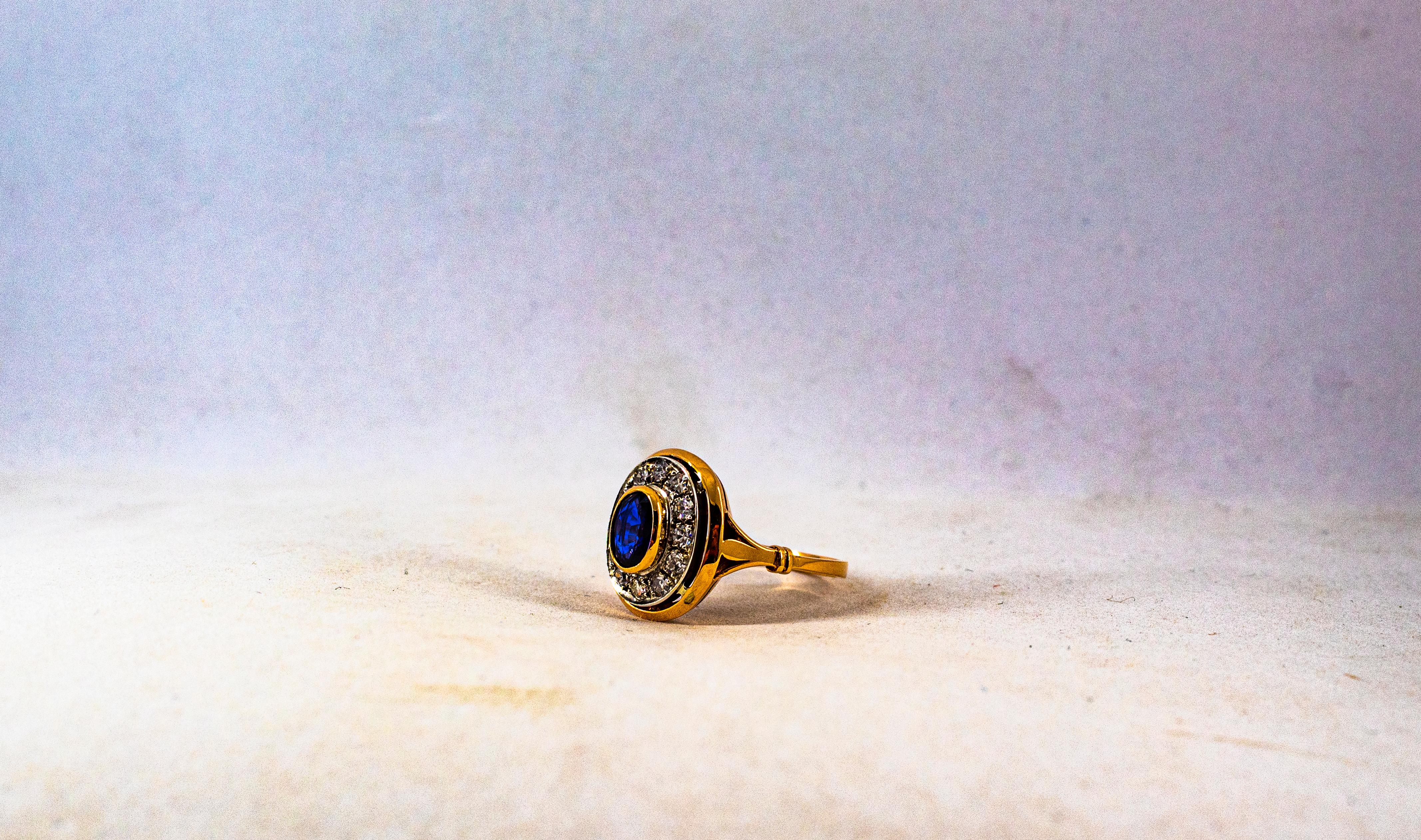 Art Deco Style 1.15 Carat White Diamond Blue Sapphire Yellow Gold Cocktail Ring 3