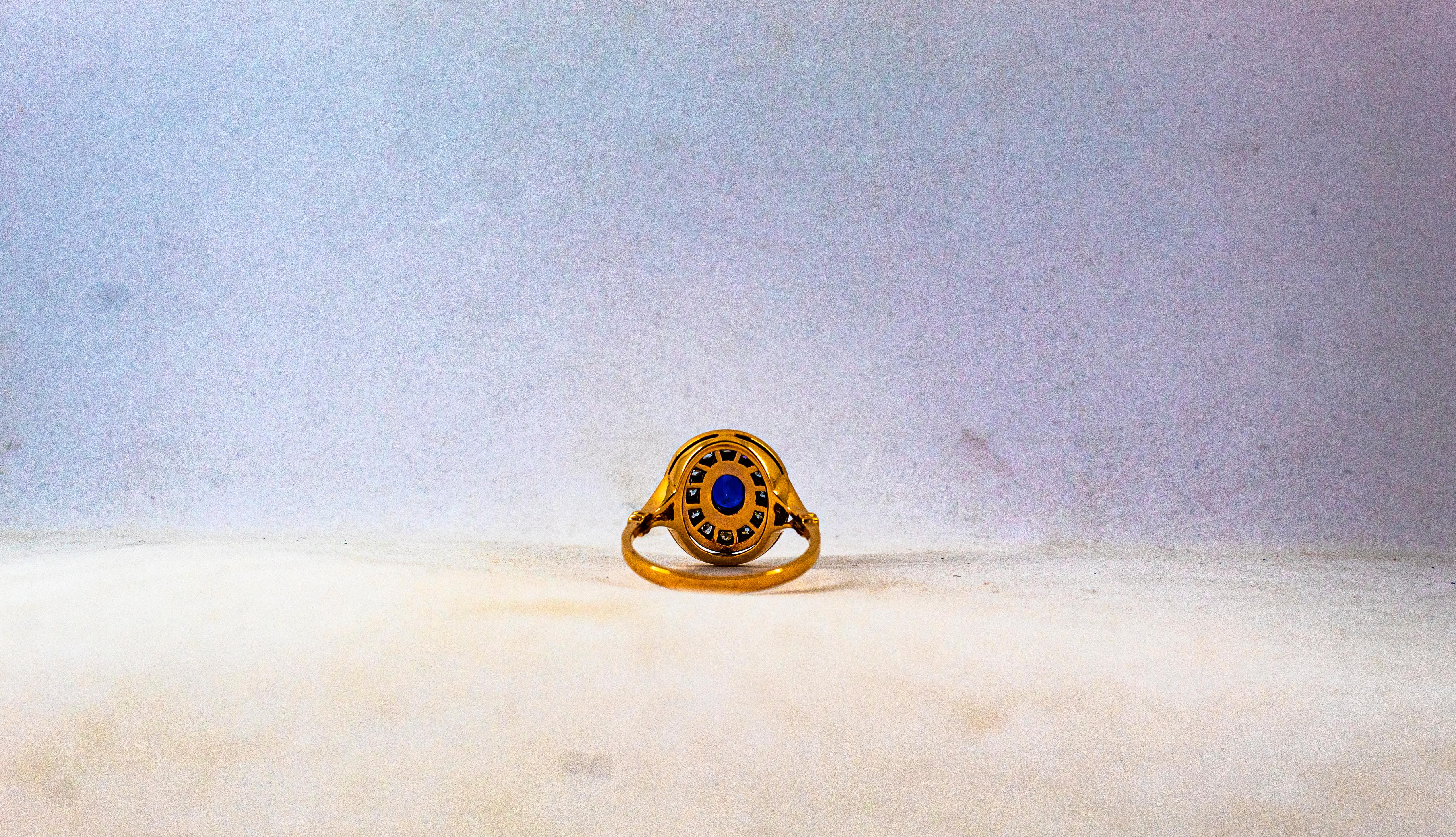 Art Deco Style 1.15 Carat White Diamond Blue Sapphire Yellow Gold Cocktail Ring 4