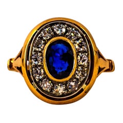 Vintage Art Deco Style 1.15 Carat White Diamond Blue Sapphire Yellow Gold Cocktail Ring