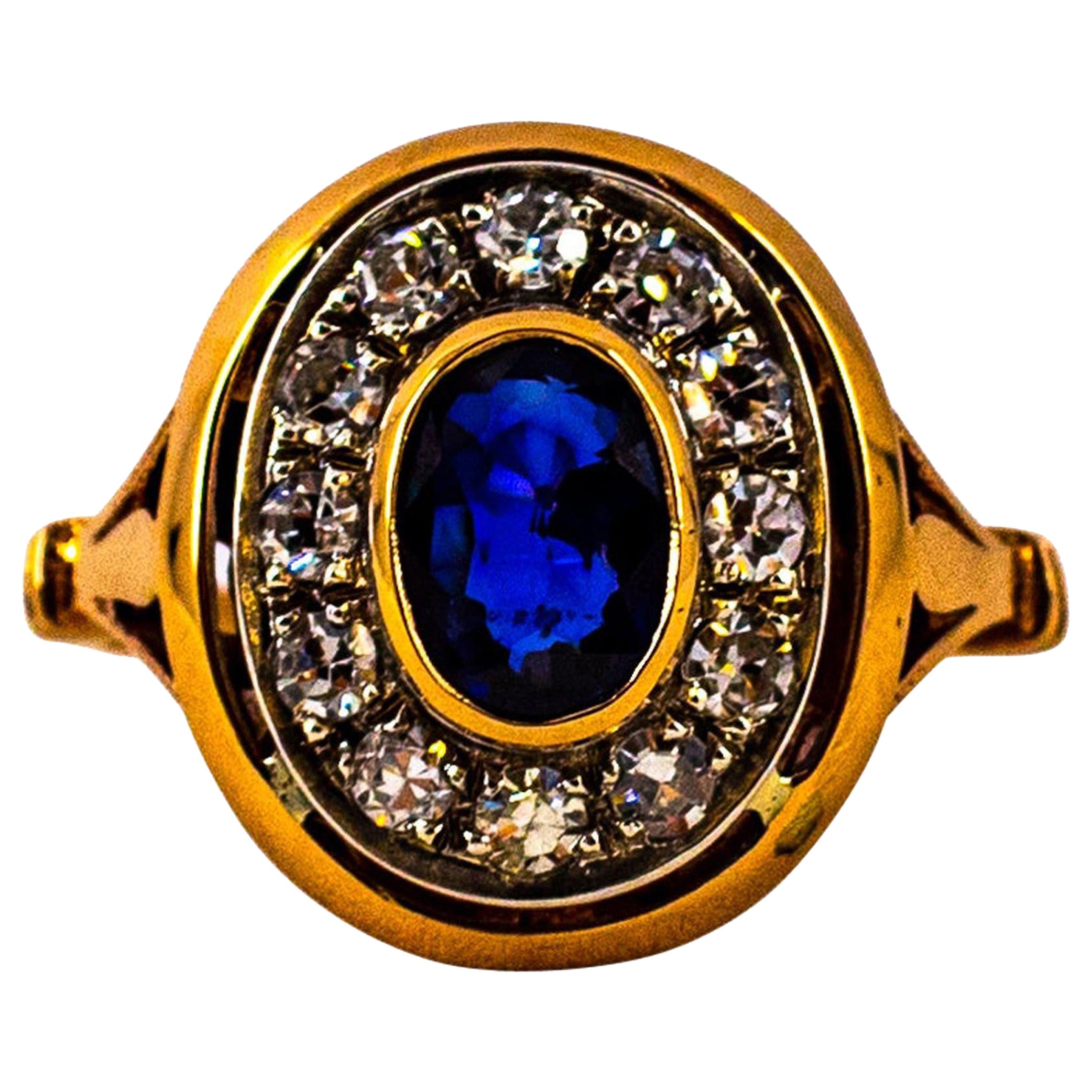Art Deco Style 1.15 Carat White Diamond Blue Sapphire Yellow Gold Cocktail Ring For Sale