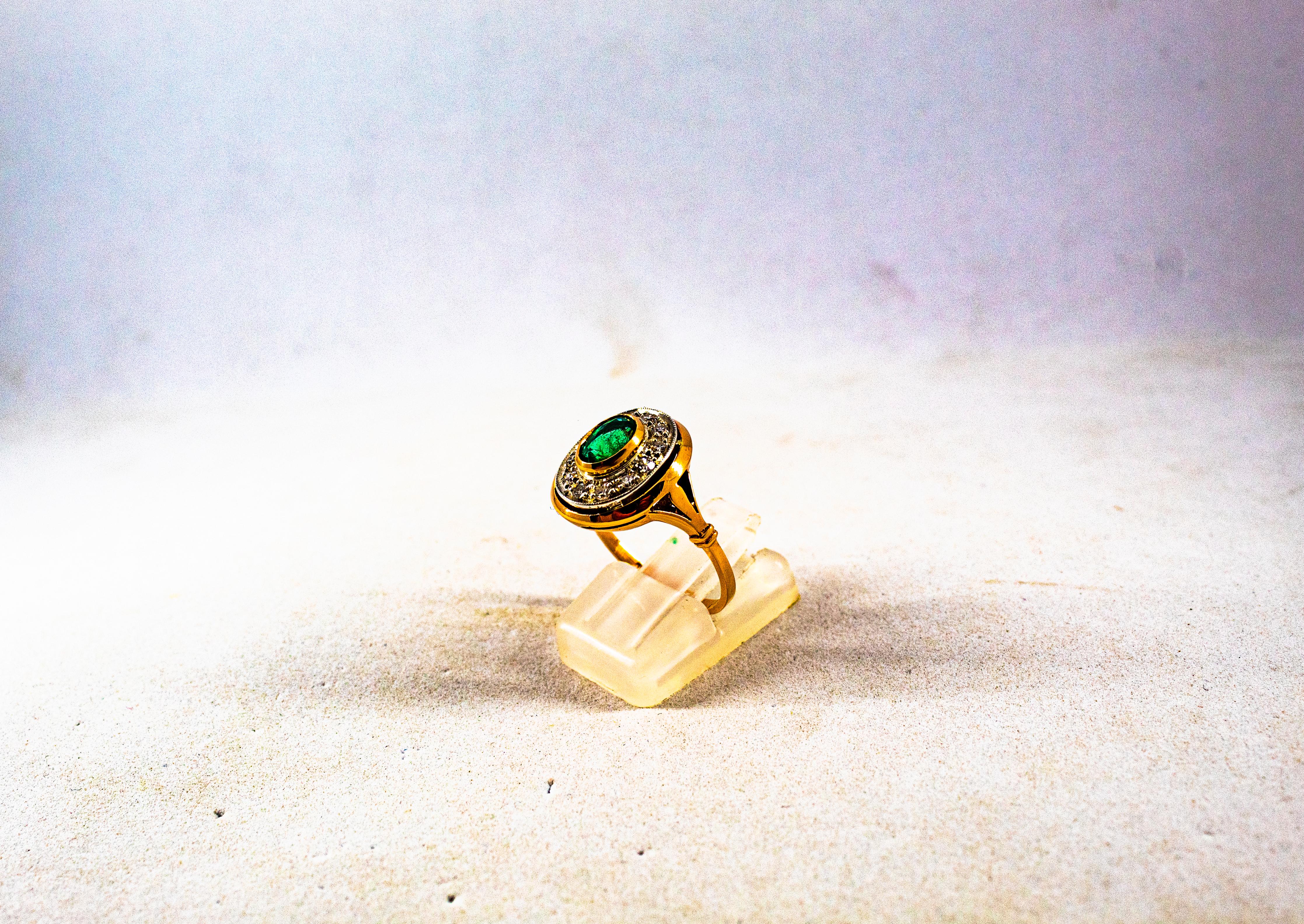 Brilliant Cut Art Deco Style 1.15 Carat White Diamond Emerald Yellow Gold Cocktail Ring For Sale