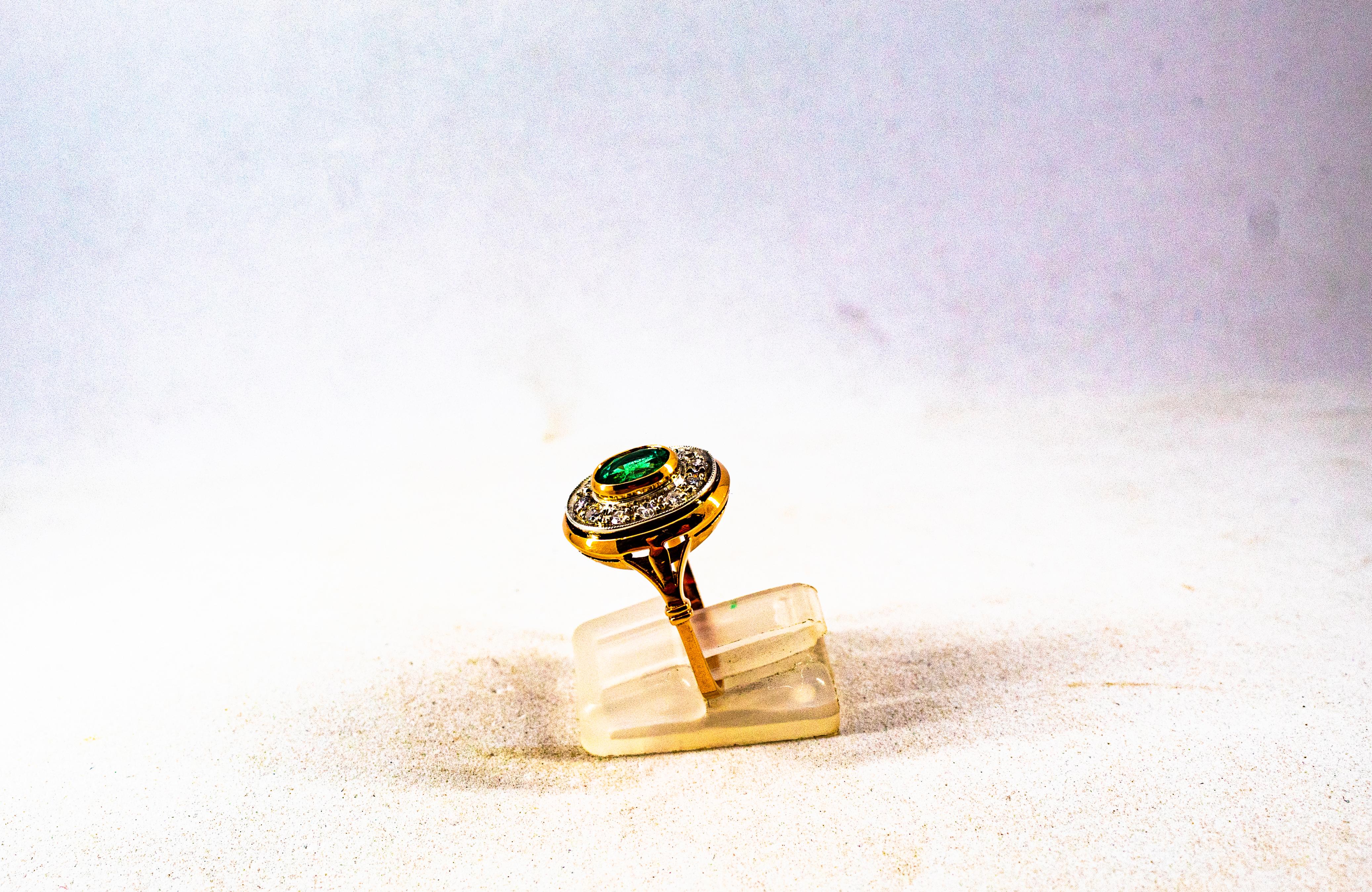 Art Deco Style 1.15 Carat White Diamond Emerald Yellow Gold Cocktail Ring In New Condition For Sale In Naples, IT