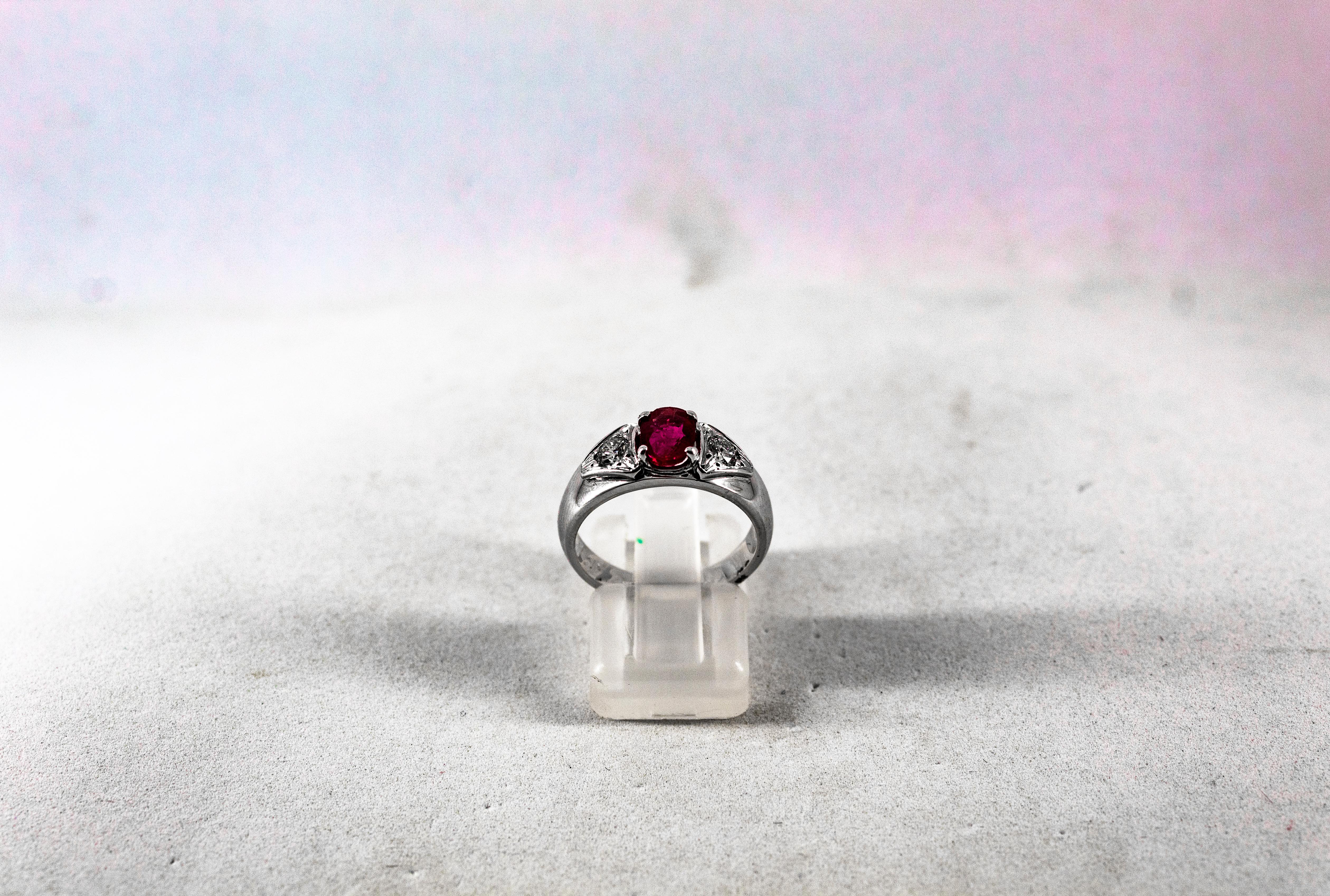Brilliant Cut Art Deco Style 1.15 Carat White Diamond Oval Cut Ruby White Gold Cocktail Ring For Sale