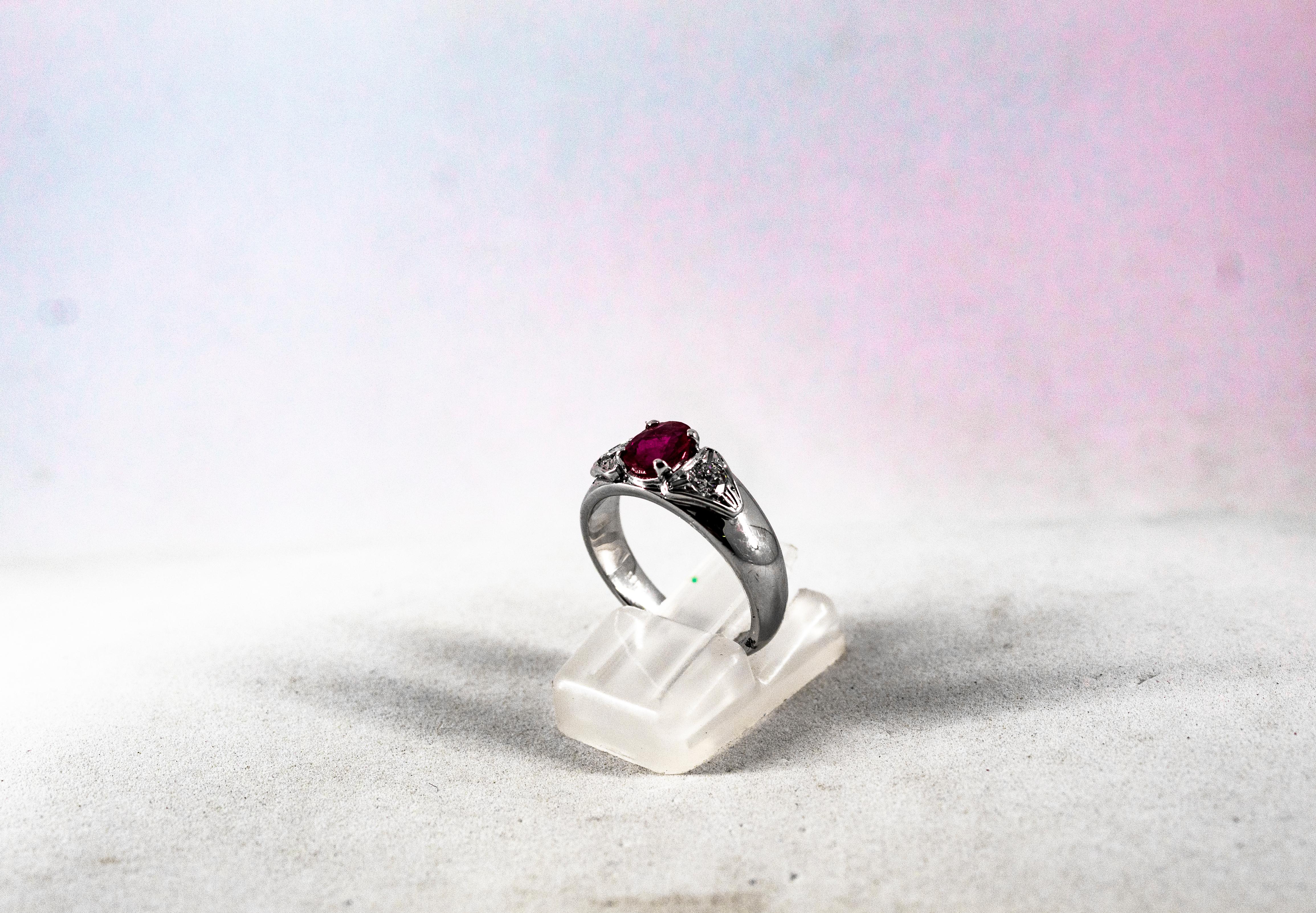 Art Deco Style 1.15 Carat White Diamond Oval Cut Ruby White Gold Cocktail Ring In New Condition For Sale In Naples, IT