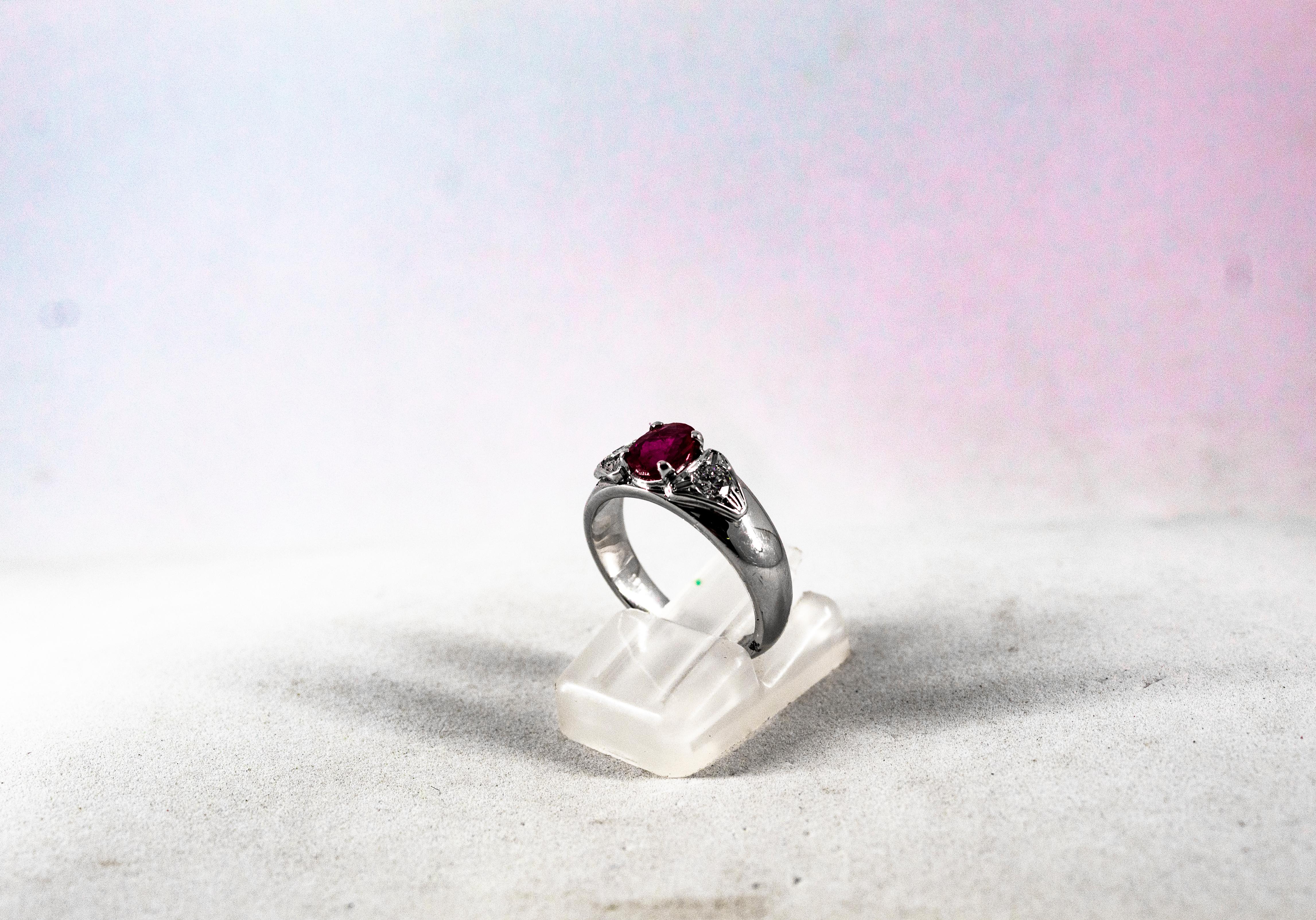Women's or Men's Art Deco Style 1.15 Carat White Diamond Oval Cut Ruby White Gold Cocktail Ring For Sale