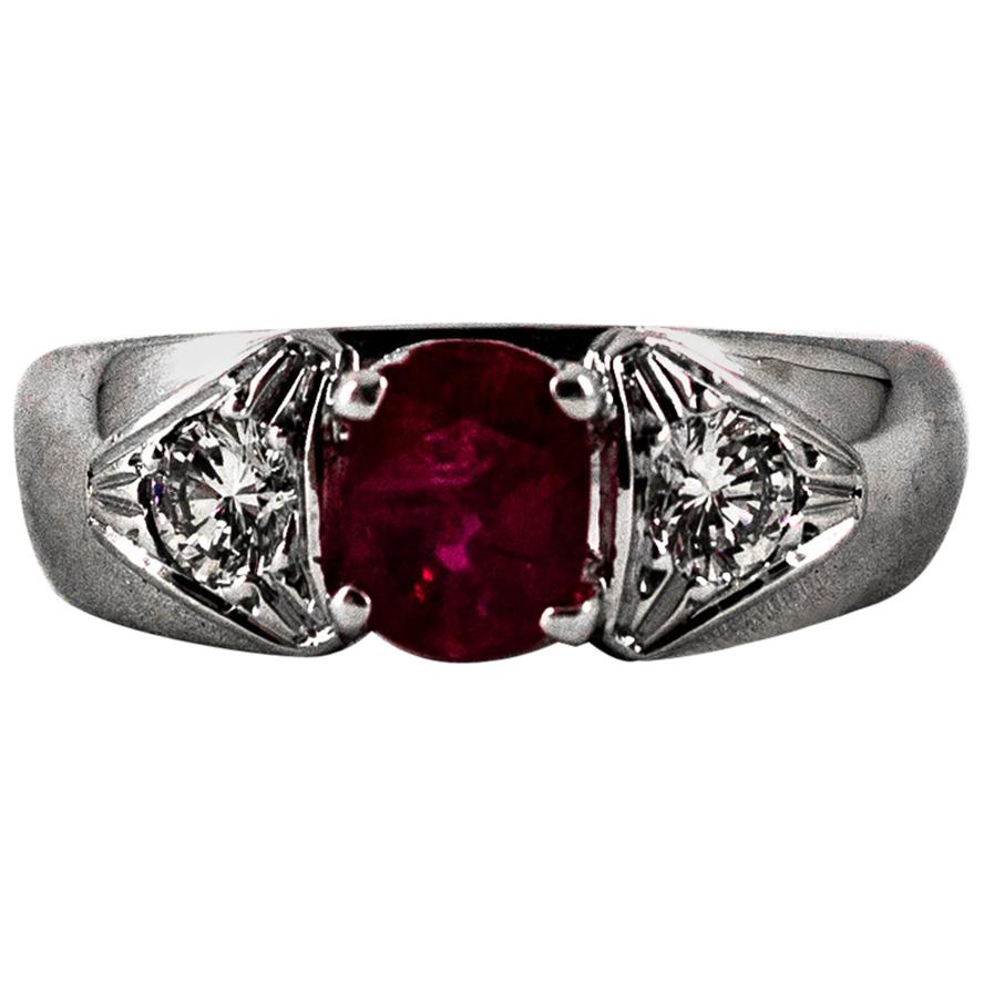 Art Deco Style 1.15 Carat White Diamond Oval Cut Ruby White Gold Cocktail Ring For Sale