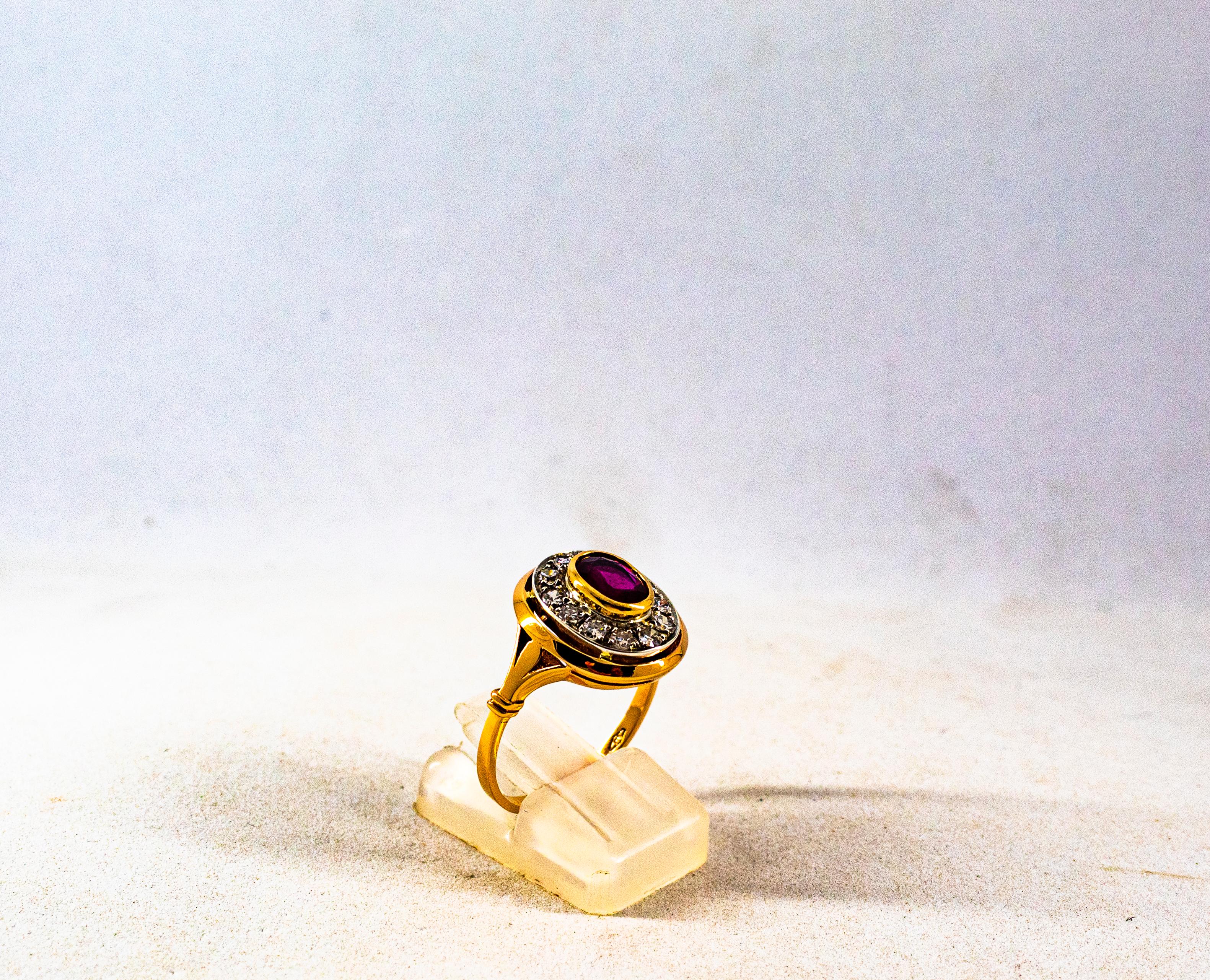 Art Deco Style 1.15 Carat White Diamond Oval Cut Ruby Yellow Gold Cocktail Ring In New Condition In Naples, IT