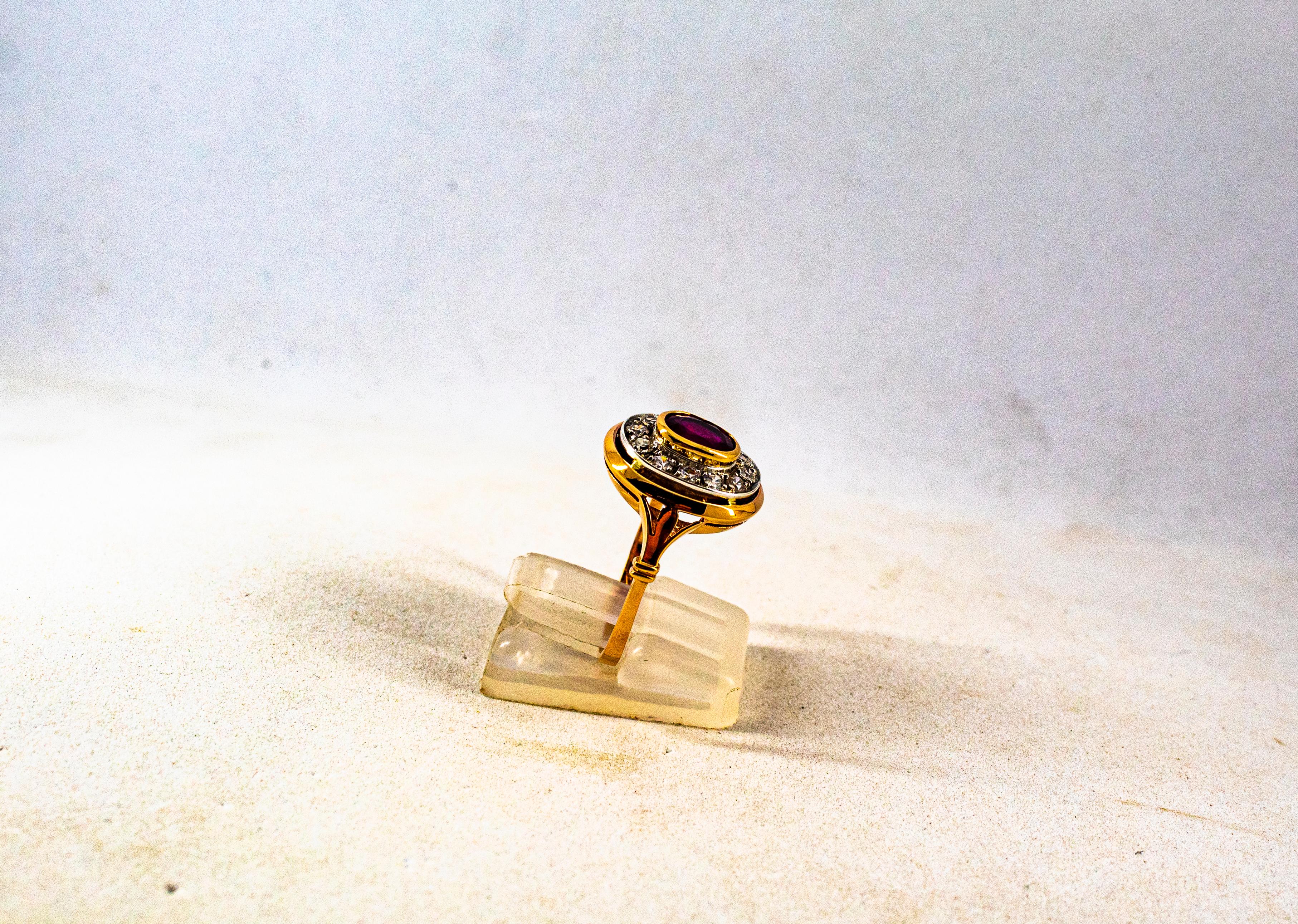 Anillo de cóctel de oro amarillo con diamante blanco talla oval de 1.15 quilates y rubí estilo art déco en Nuevo Estado en Naples, IT