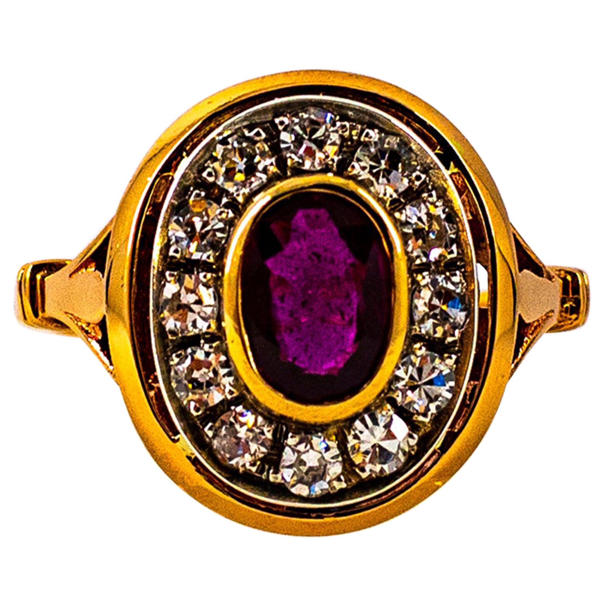 Art Deco Style 1.15 Carat White Diamond Oval Cut Ruby Yellow Gold Cocktail Ring