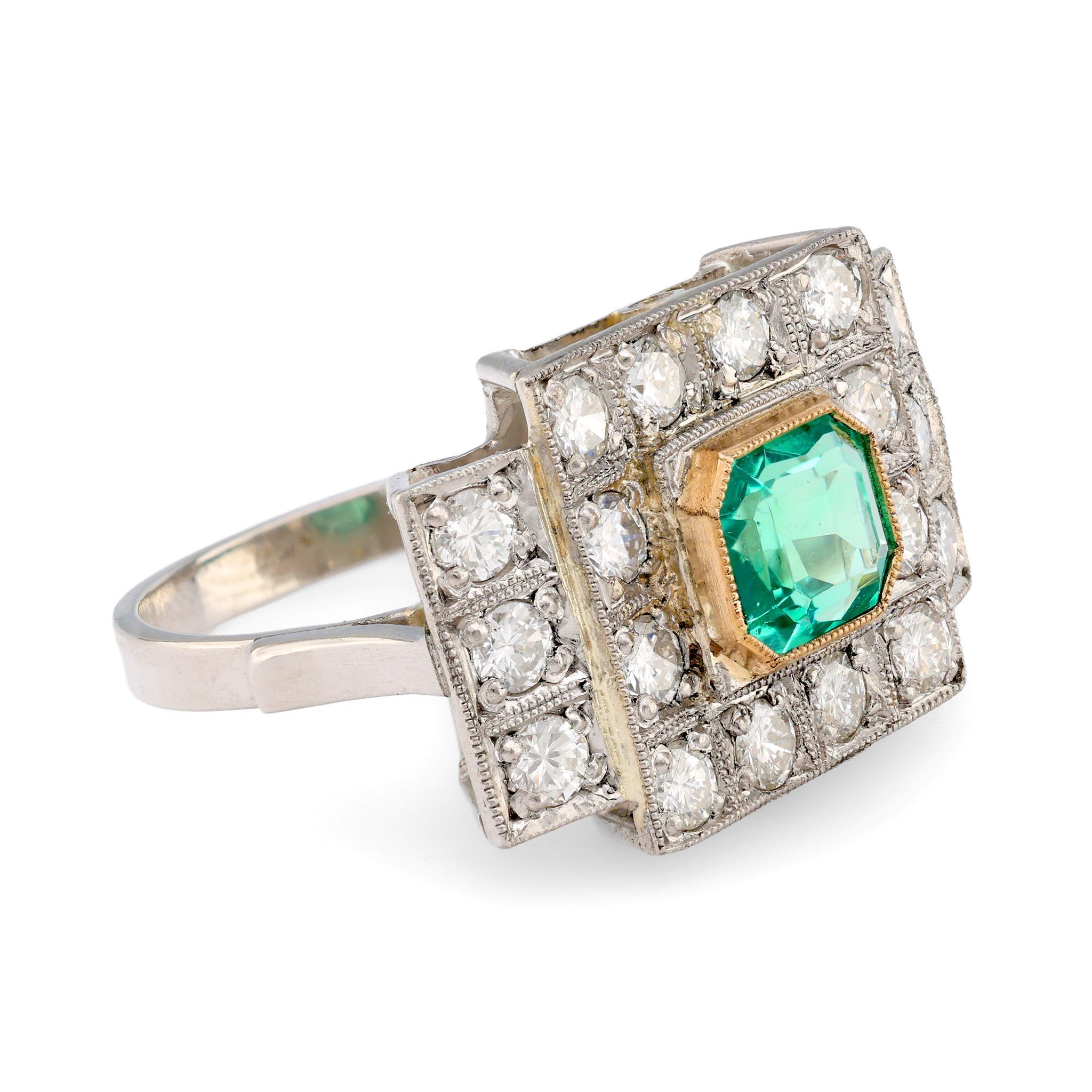 Emerald Cut Art Deco style 1.17 carat emerald diamond platinum Tank ring For Sale