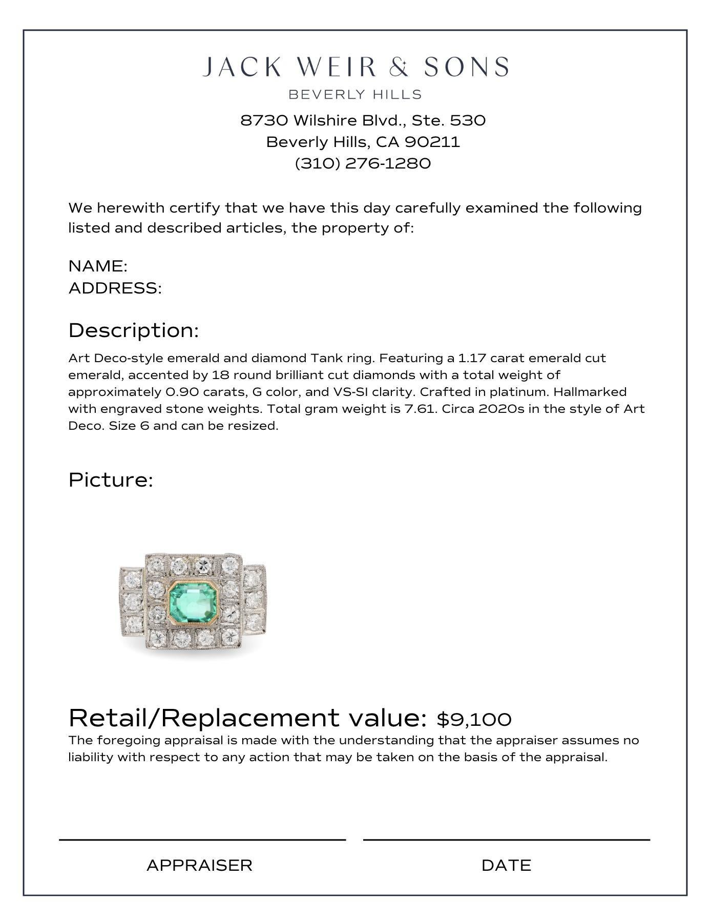 Women's or Men's Art Deco style 1.17 carat emerald diamond platinum Tank ring For Sale