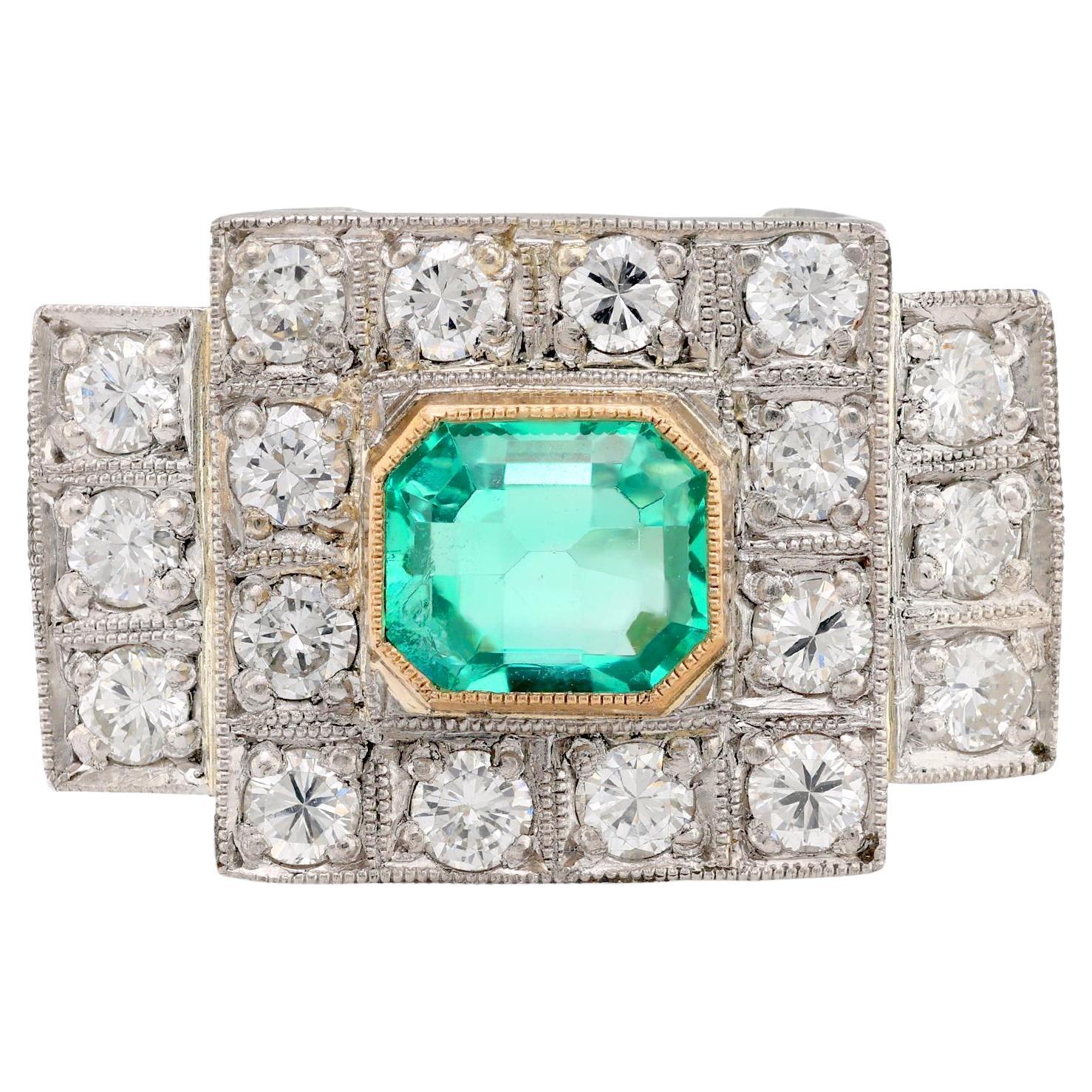 Art Deco style 1.17 carat emerald diamond platinum Tank ring For Sale