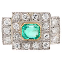 Art Deco style 1.17 carat emerald diamond platinum Tank ring