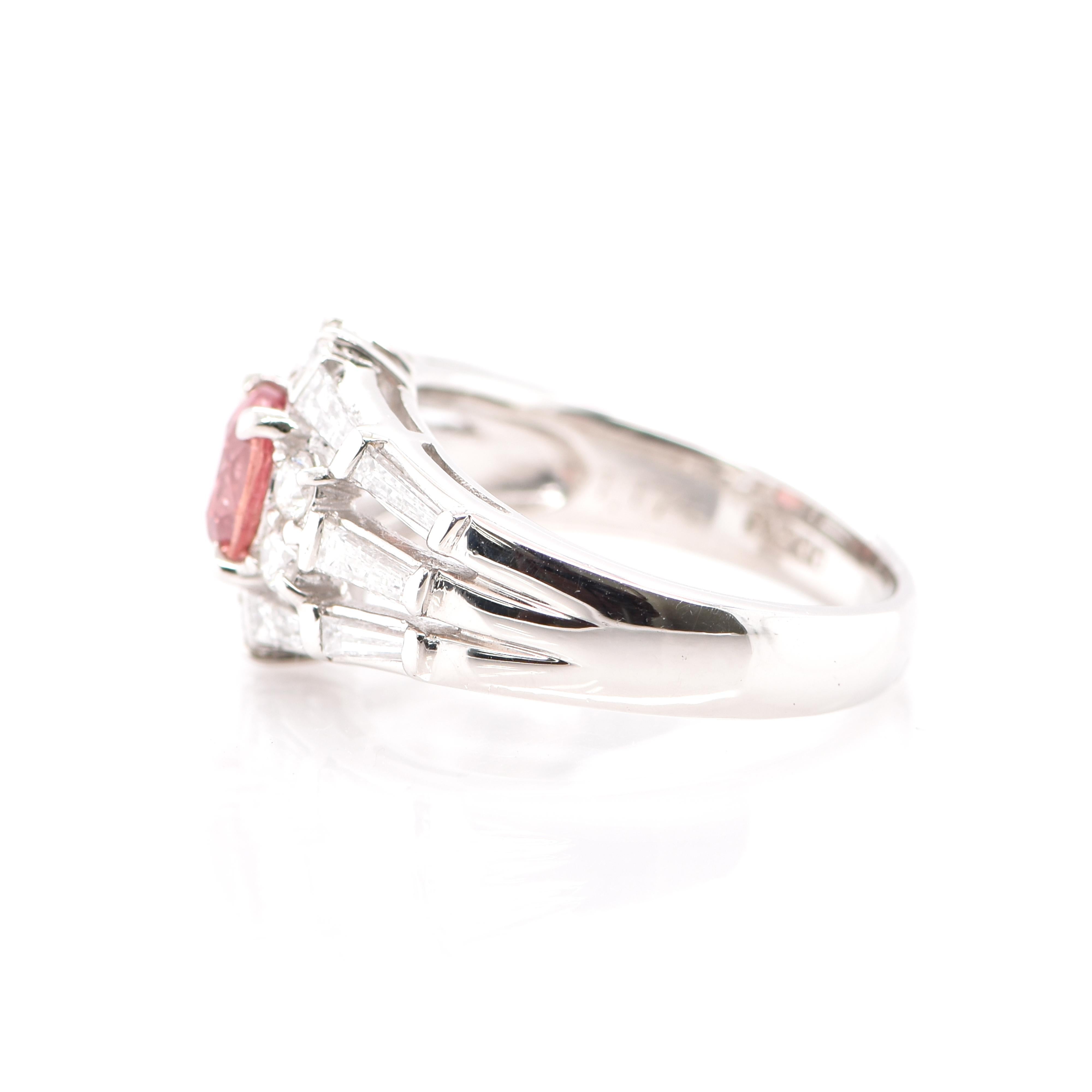 Round Cut Art Deco Style 1.17 Carat Padparadscha Sapphire and Diamond Ring Set in Platinum