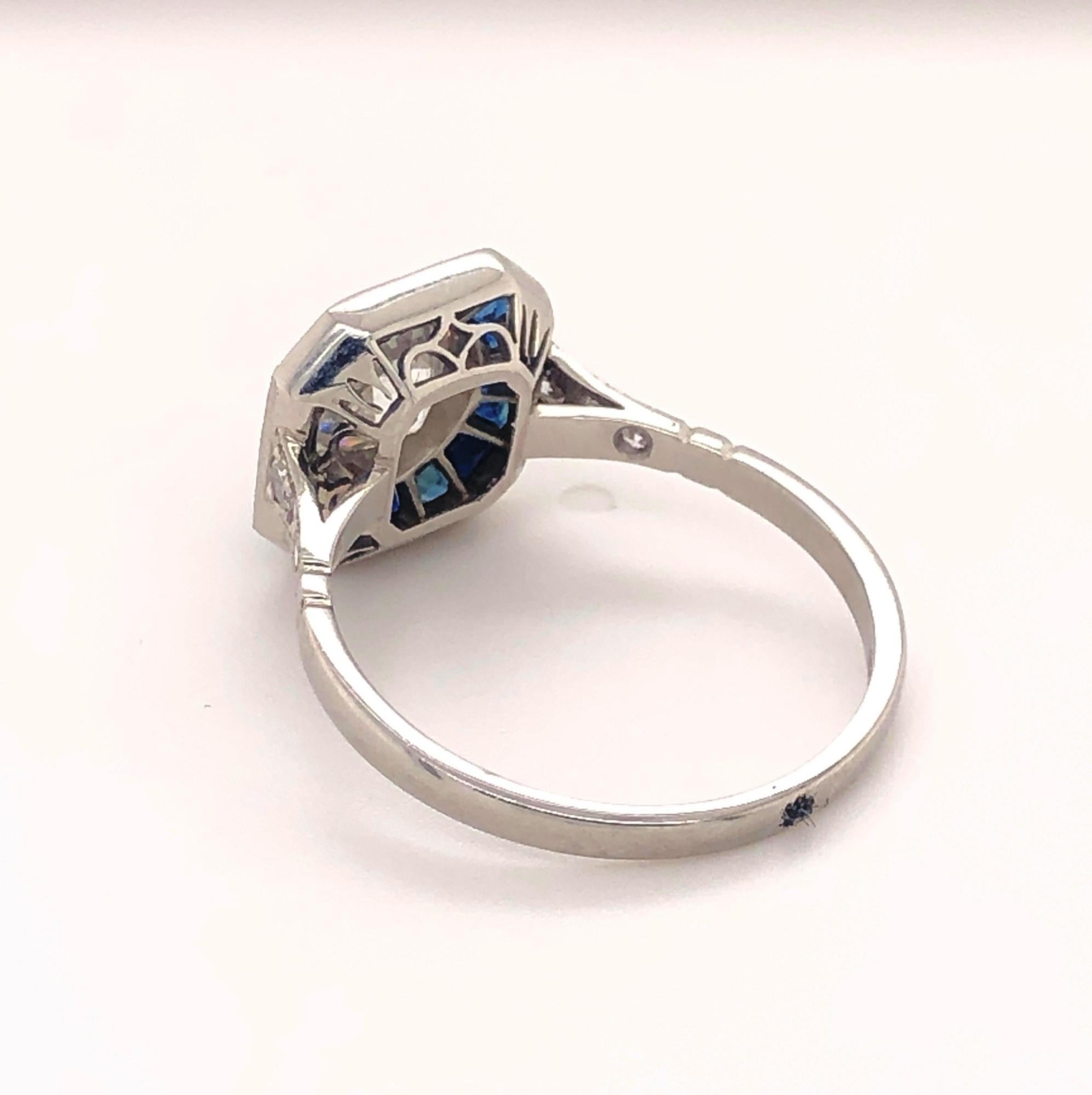 Round Cut Art Deco Style 1.18 Euro Cut Diamond Sapphires Platinum Engagement Ring For Sale