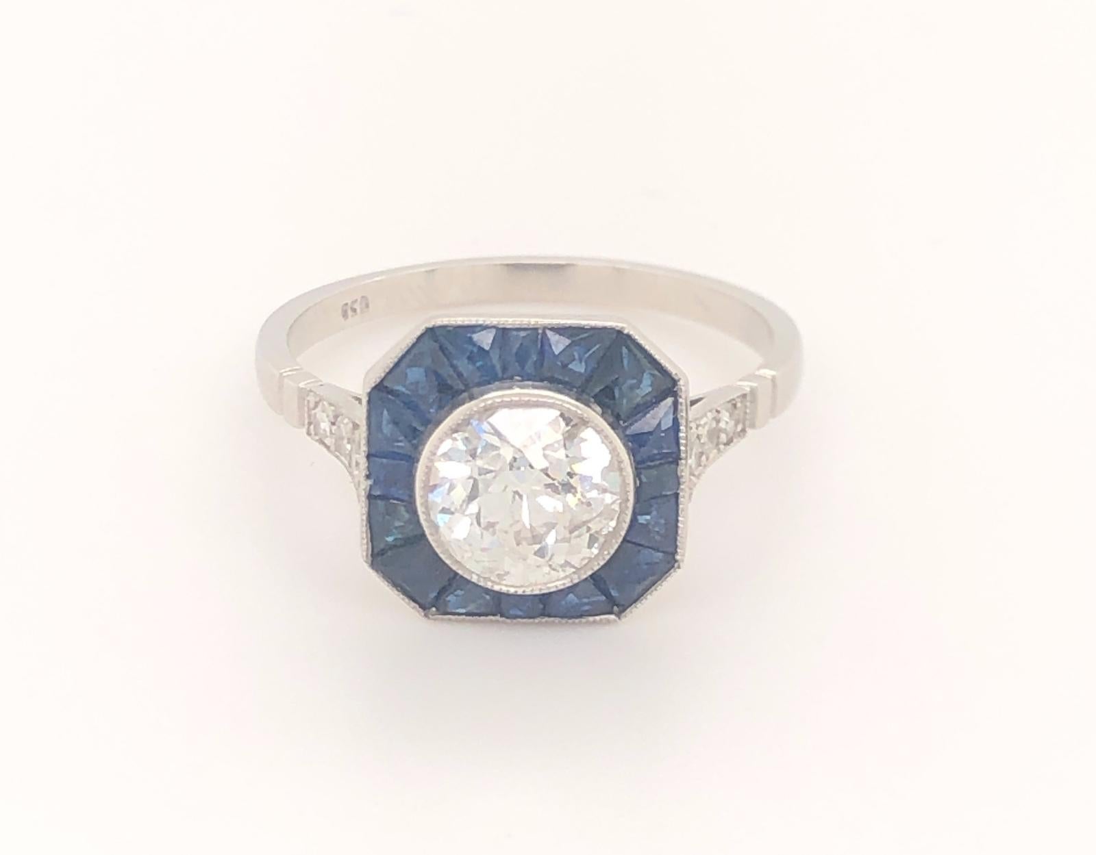 Women's or Men's Art Deco Style 1.18 Euro Cut Diamond Sapphires Platinum Engagement Ring For Sale