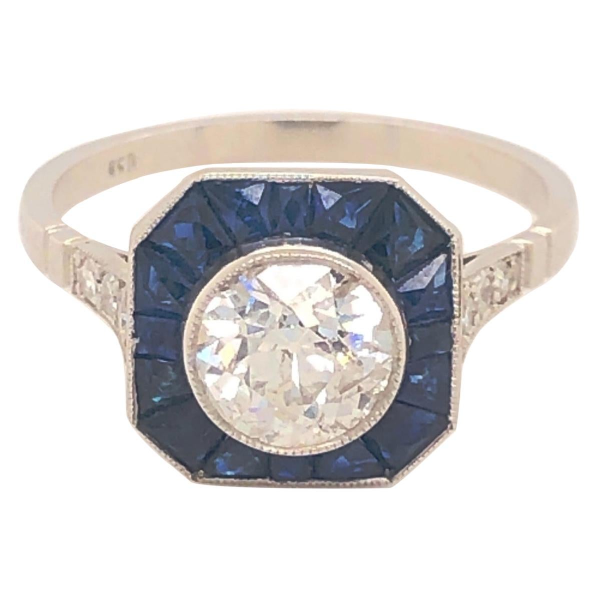 Art Deco Style 1.18 Euro Cut Diamond Sapphires Platinum Engagement Ring For Sale