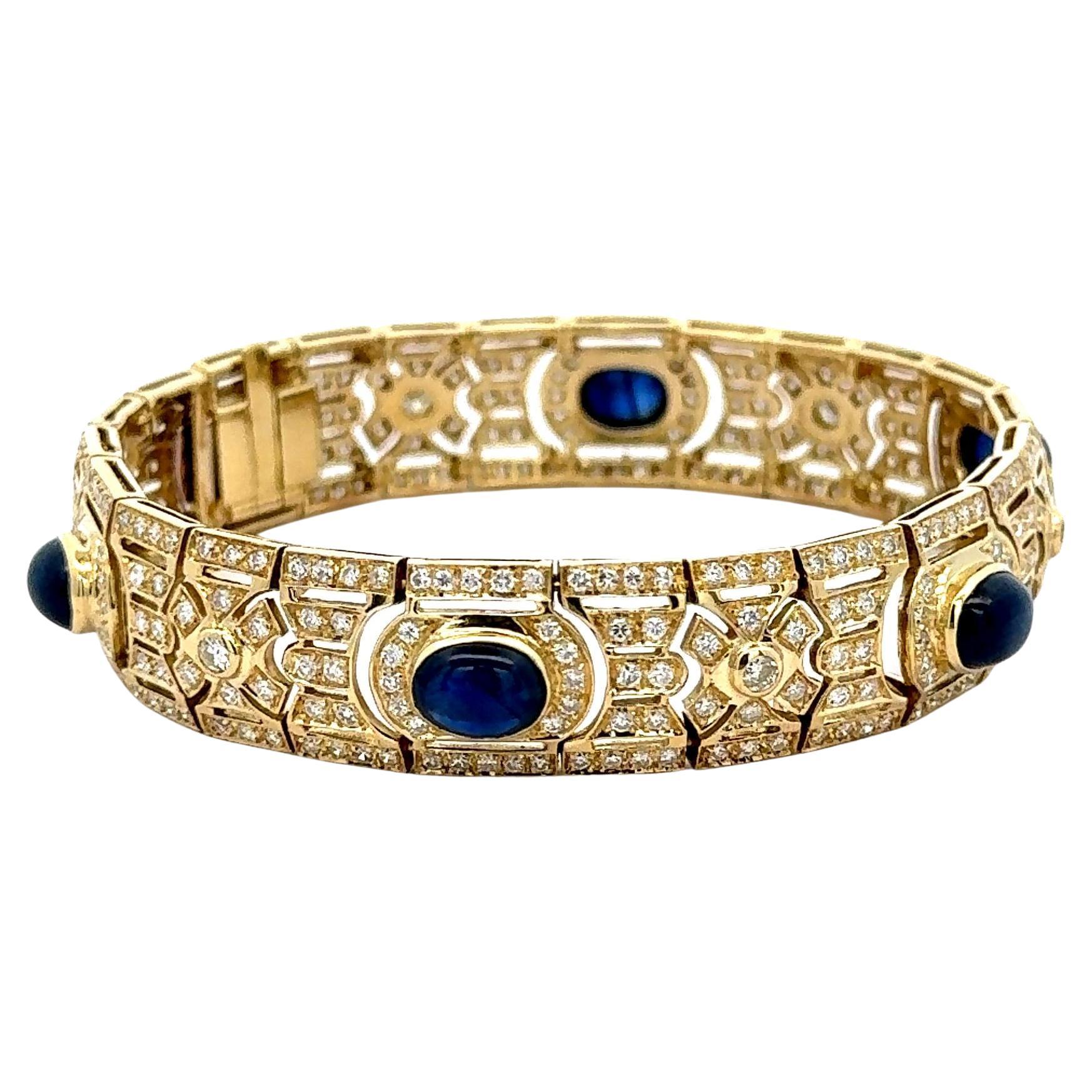 Art Deco Style 12 Carat Cabochon Sapphire & Diamond 18K Gold Bracelet