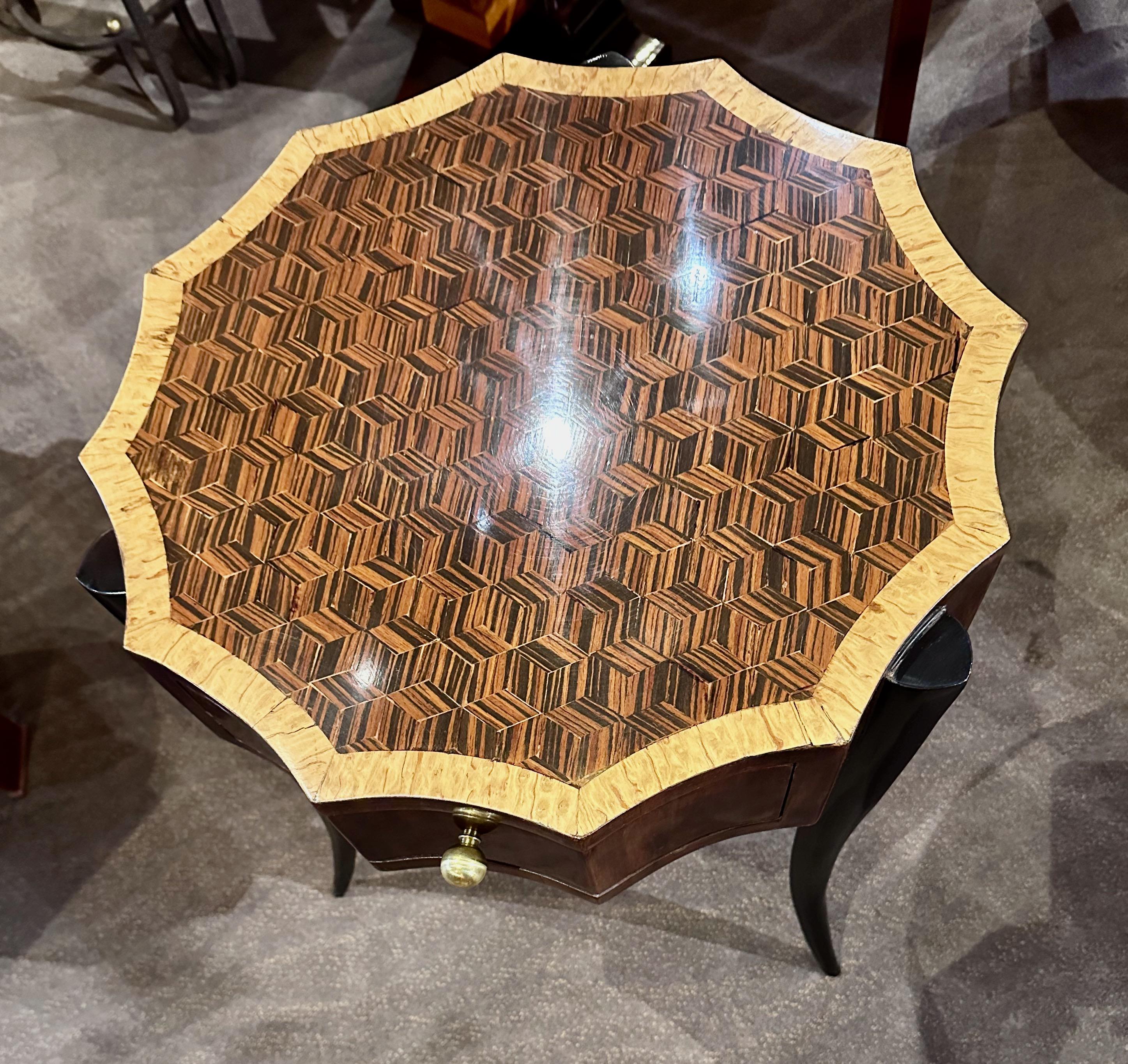 Wood Art Deco Style 12-Sided Faceted Unique Marquetry Table For Sale