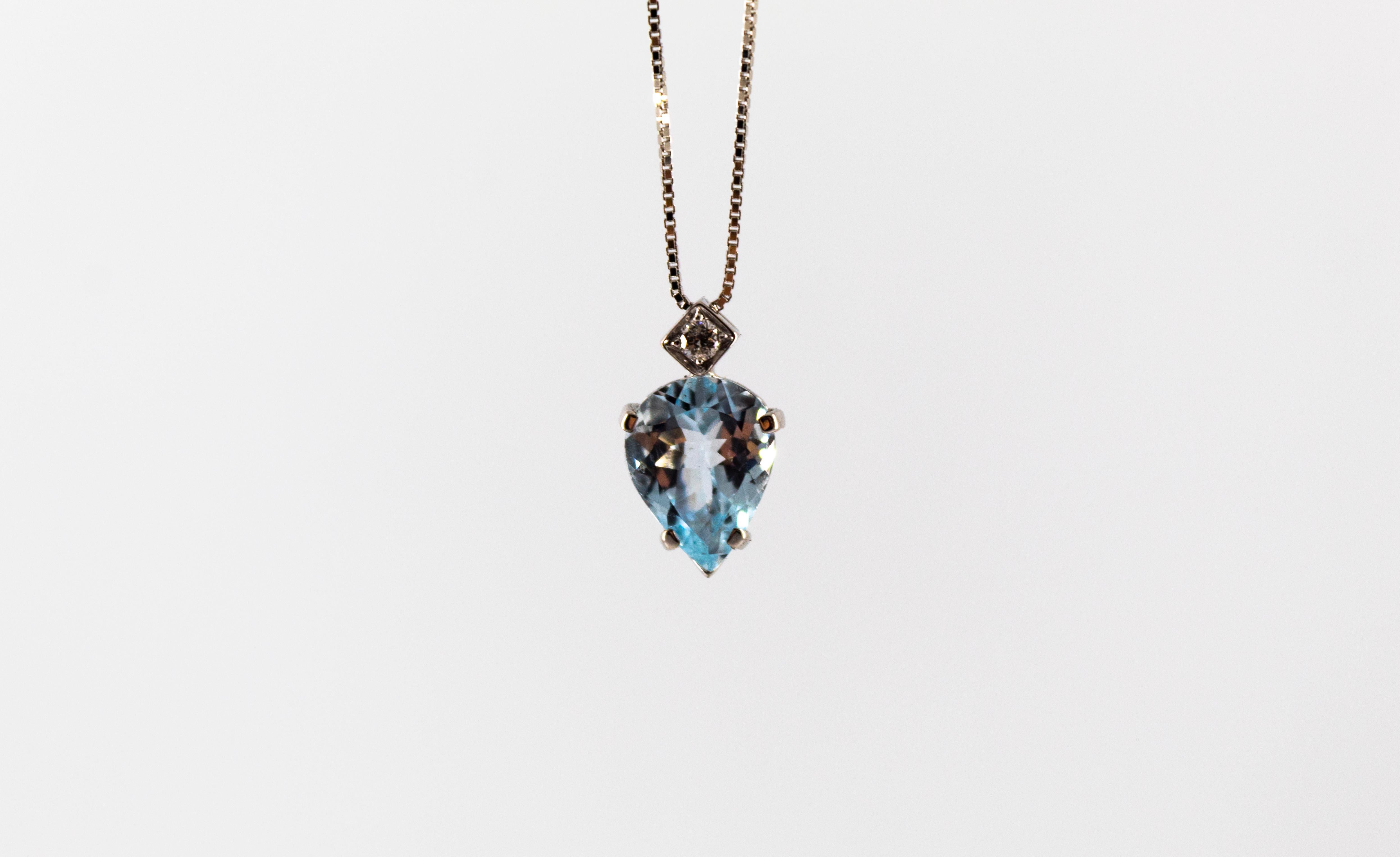 This Necklace is made of 18K White Gold.
This Necklace has a 0.03 Carats White Brilliant Cut Diamonds.
This Necklace has a 1.20 Carats Aquamarine.
This Necklace is inspired by Art Deco.

The Necklace Length is 45cm.

We're a workshop so every piece