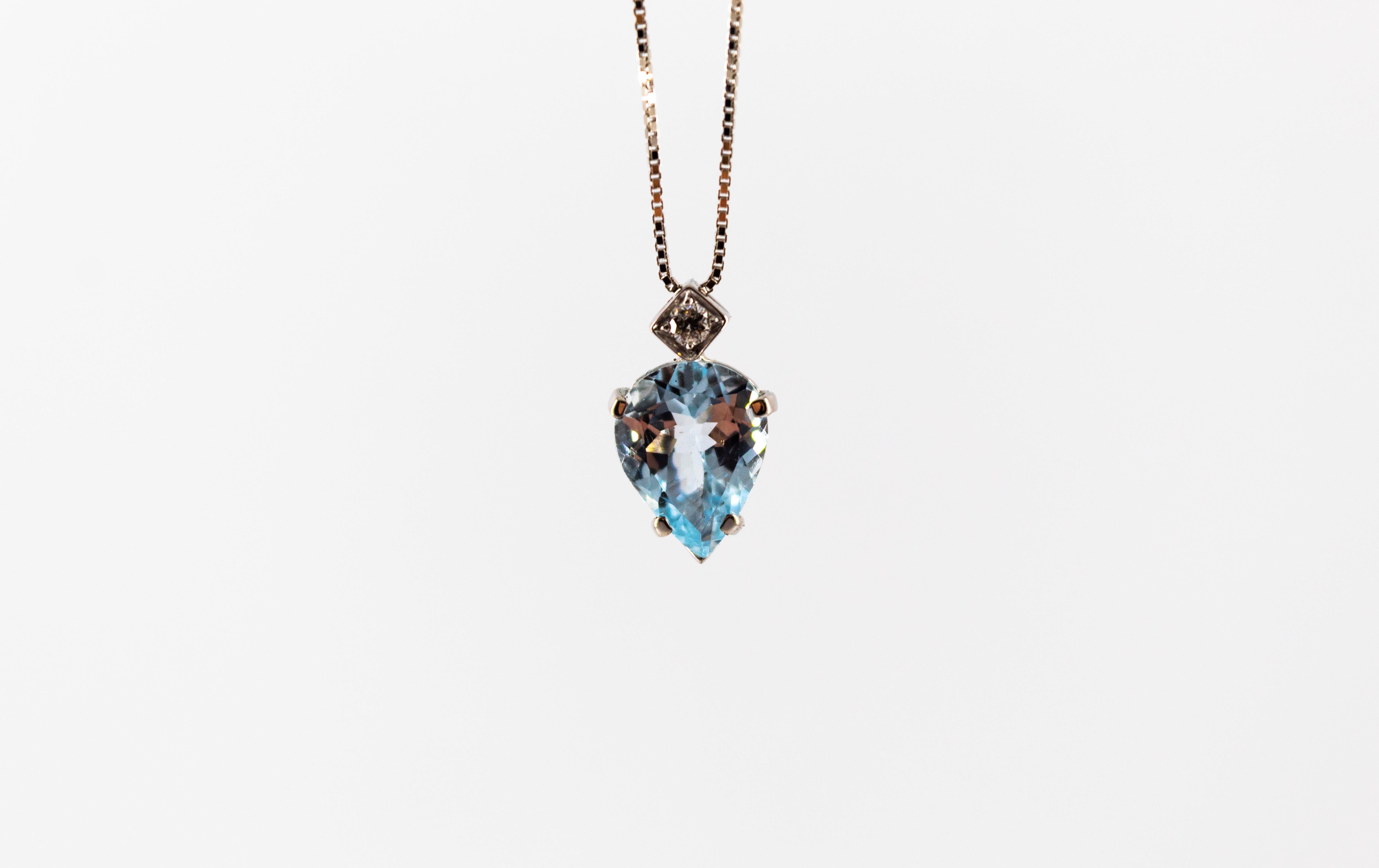 Pear Cut Art Deco Style 1.20 Carat Aquamarine 0.03 Carat Diamond White Gold Necklace For Sale