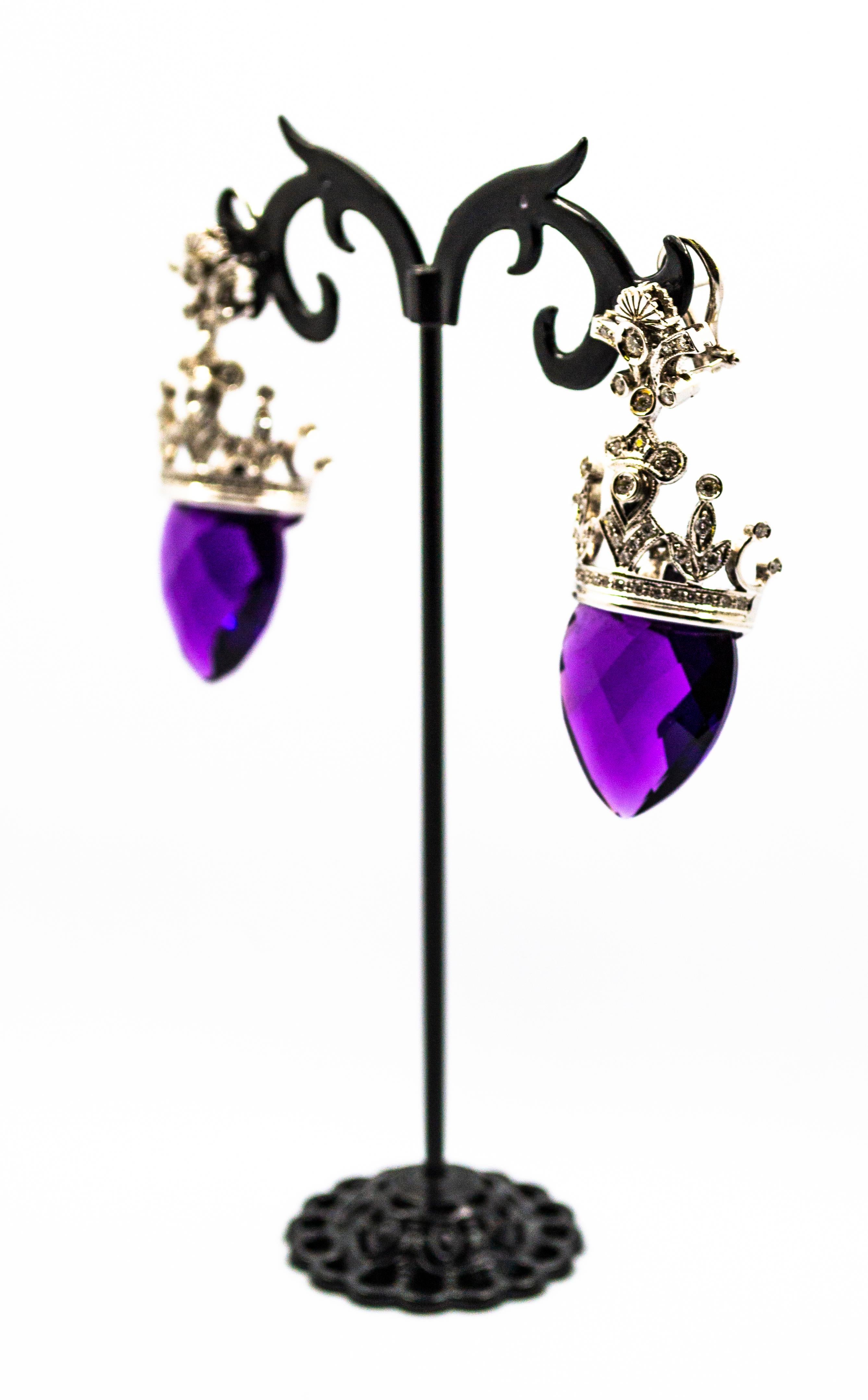 Art déco Boucles d'oreilles à clip en or blanc, diamant blanc et améthyste de 1,20 carat, style Art Déco en vente